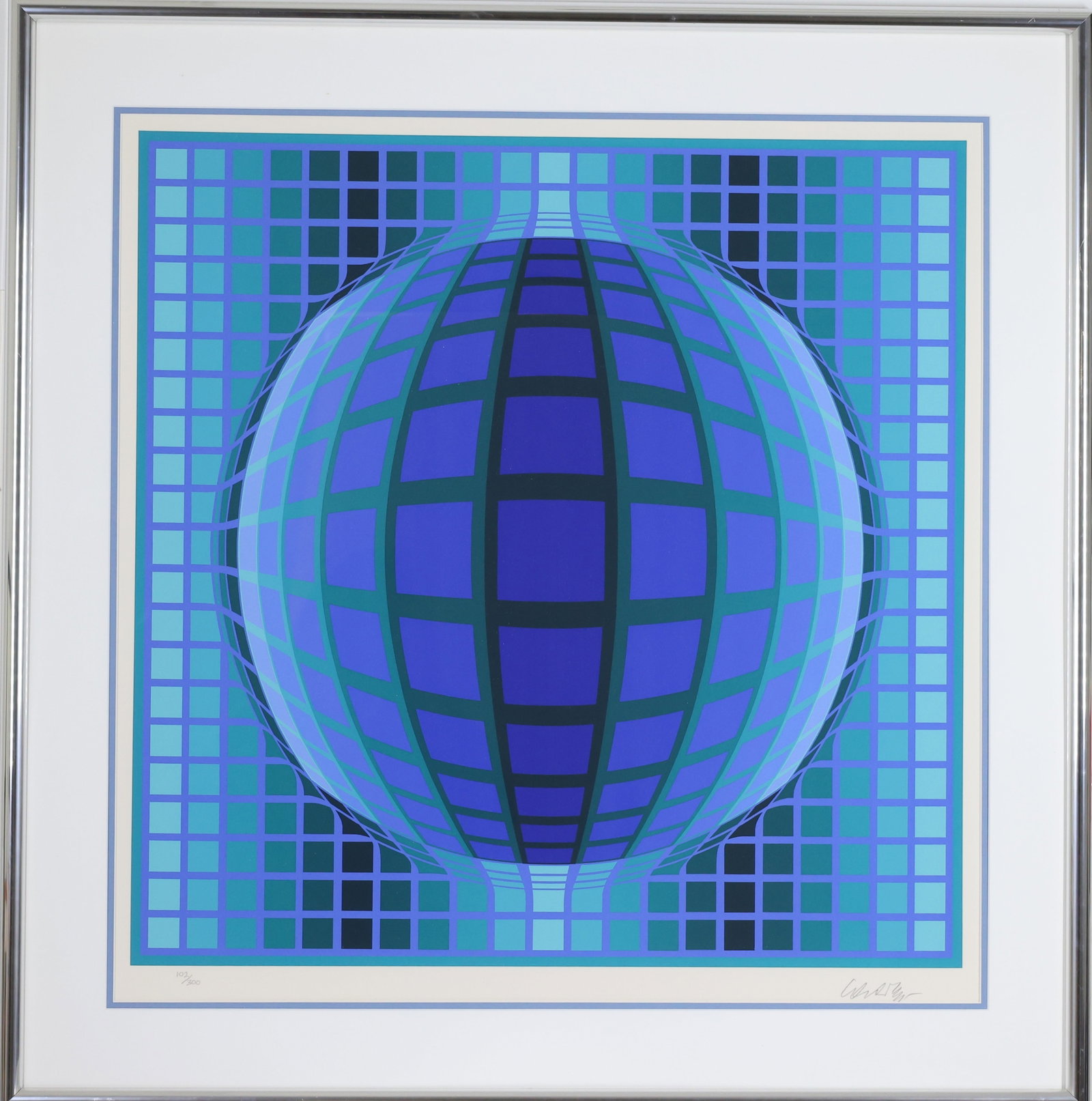 Victor Vasarely (1906 - 1997): Serigraph, "Detvoe", pencil signed and numbered 102/300. Op-art composition. 26.5"h x 26.5"w and 36"h x 35"w framed