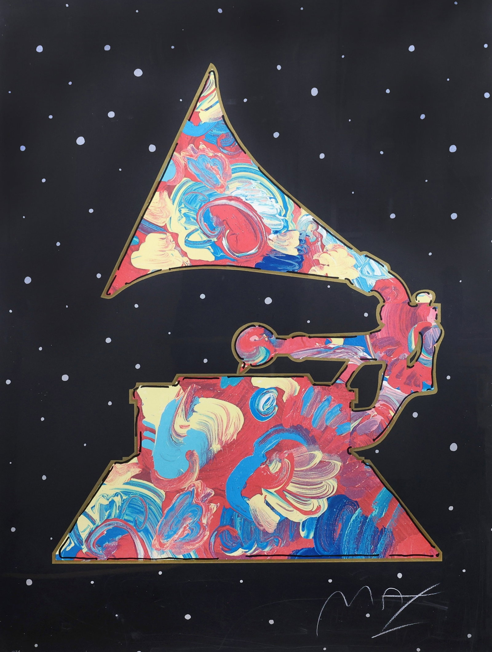 Peter Max (1937): Serigraph, "Grammy '91",SLR "MAX", Edition 274/300. Iconic Grammy award against midnight sky filled with stars. 40"h x 30"w overall