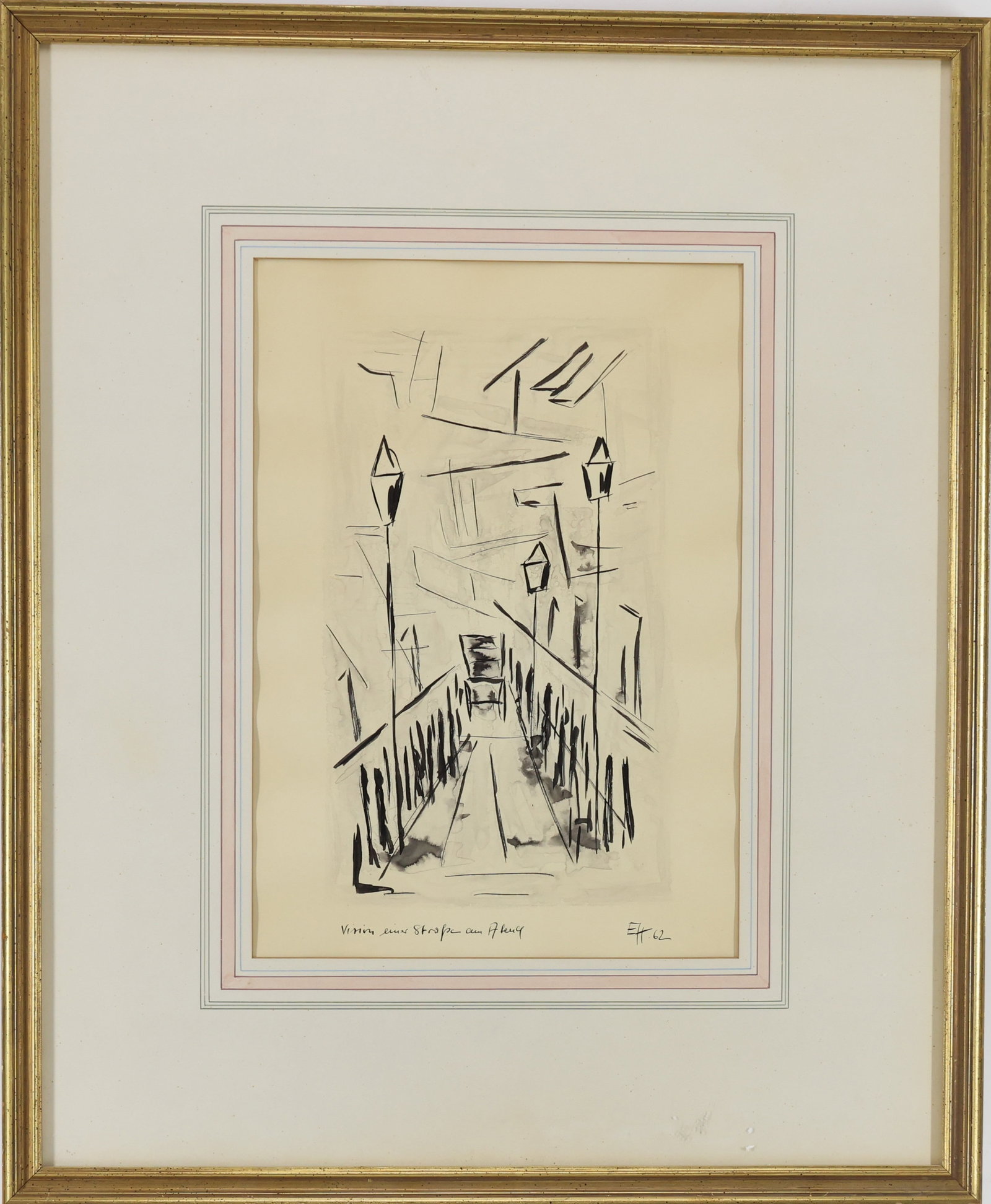 Erich Heckel (1883-1970): Ink wash on paper, "Vision einer Straße am Abend" (Vision of a Street in the Evening), IDLR '62. 13.5"h x 9.5"w sight and 23"h x 19"w framed