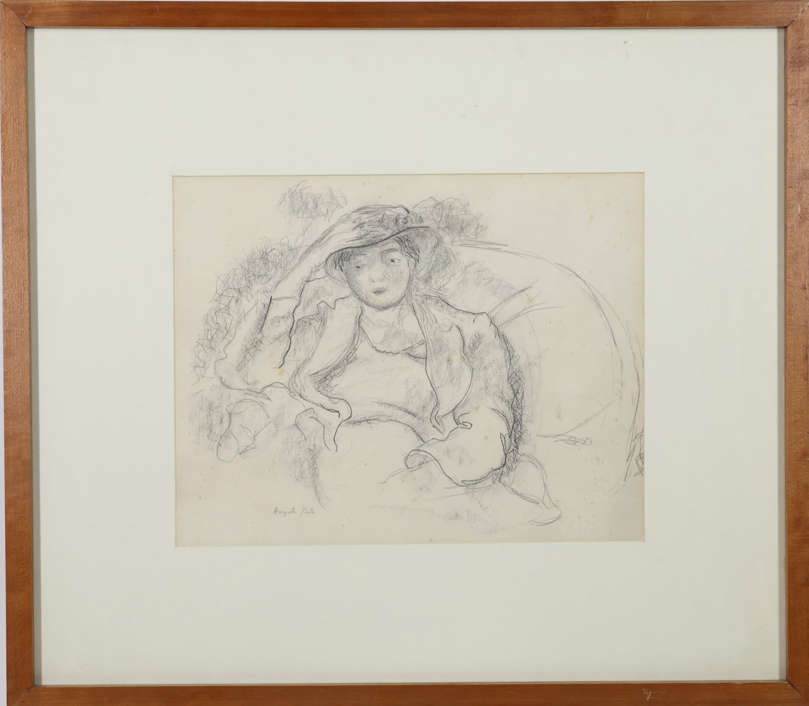Angelo Pinto (1908-1994): Pencil sketch, SLL, with Mellon Galleries tag attached en verso. Sketch of a seated woman wearing a hat. 10.5"h x 13.5"w inside mat and 21"h x 24"w framed