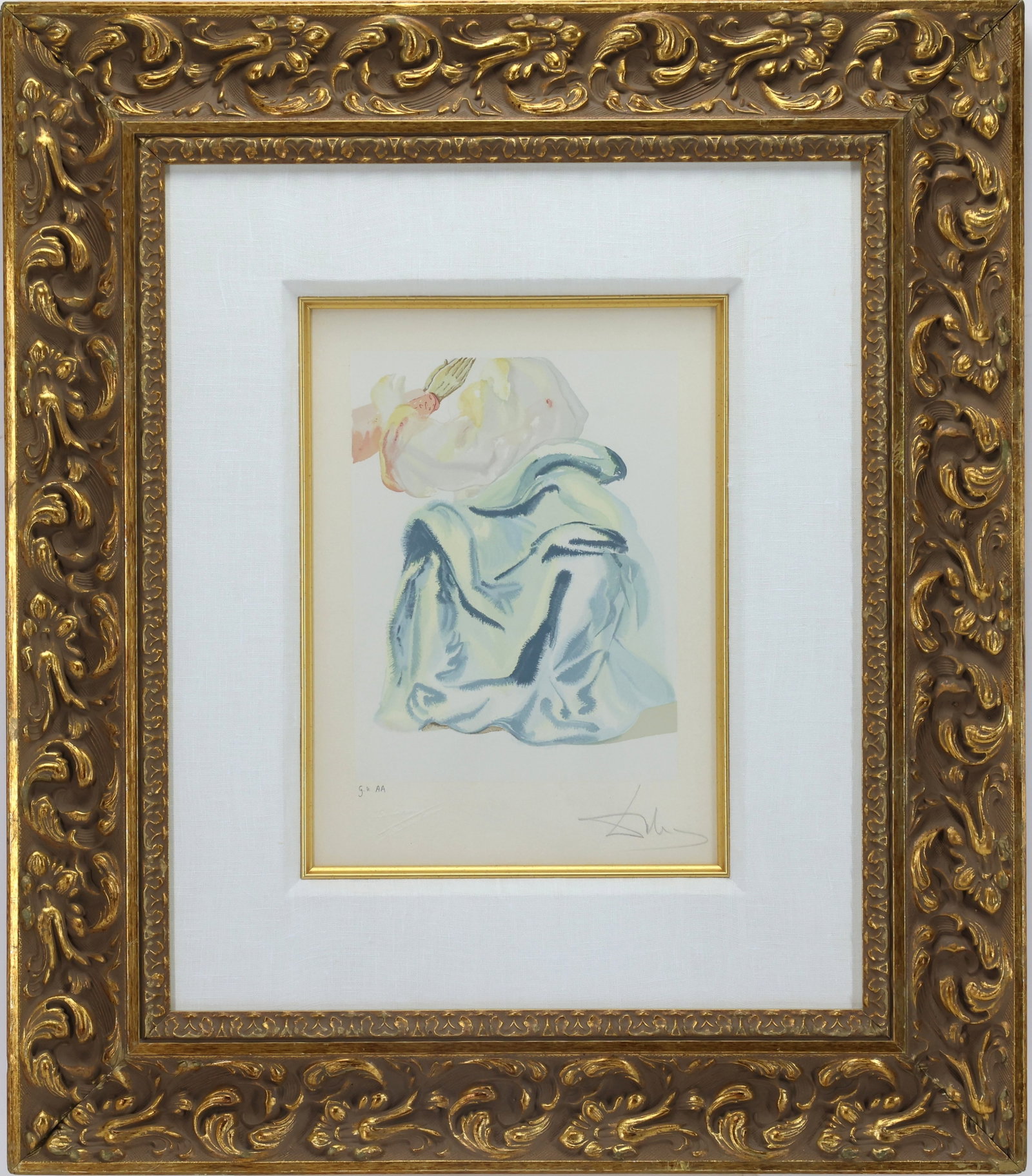 Salvador Dali (1904-1989): Wood engraving in colors, "Infinite Beauty of Beatrice", pencil signed and labeled G.a AA with blind stamp. 12"h x 8.5"w sight and 25"h x 22.5"w framed