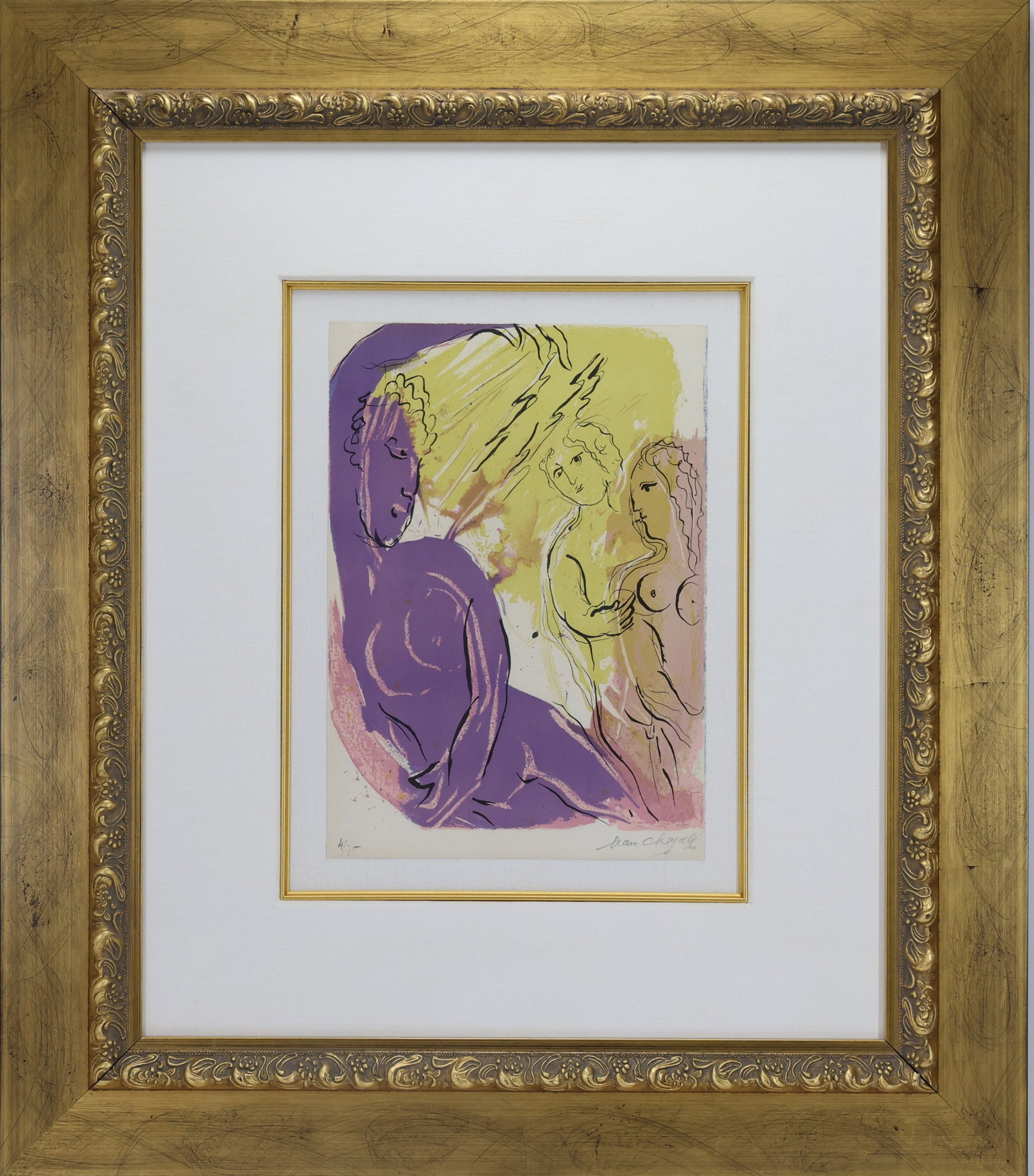 Marc (Moishe Shagal) Chagall (1887-1985): Color lithograph "Angel of Paradise", pencil signed and numbered 4/75. 14.25"h x 10"w sight and 32.5"h x 28"w framed