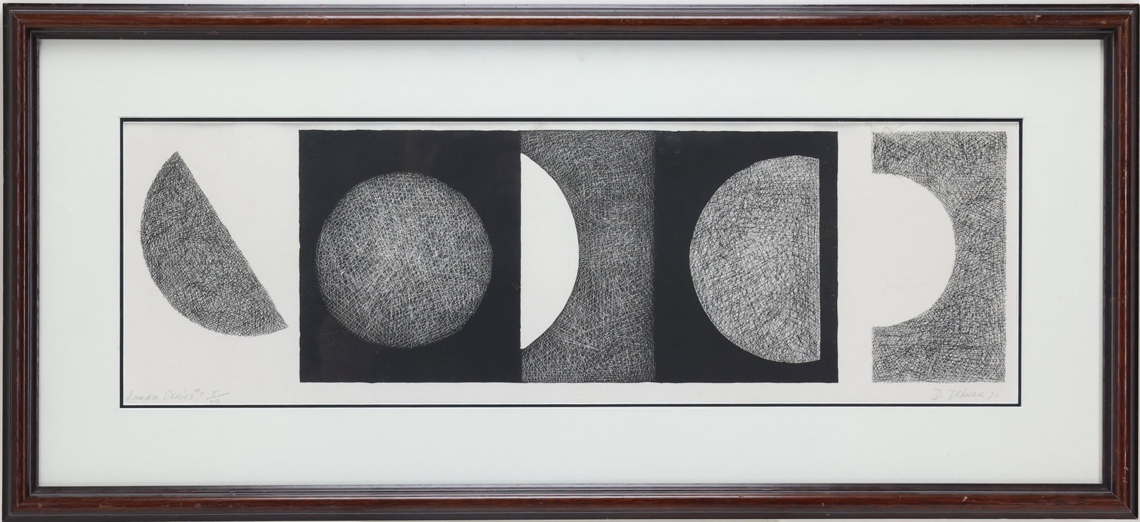 Dorothy (Mann) Dehner (1901-1994): Lithograph, "Lunar Series #7", pencil signed and numbered 5/20, Tamarind Institute blind stamp on bottom edge of the sheet. Illustrating phases of the moon. 7.75"h x 24.5"w sight and 14"h x 30.75"w