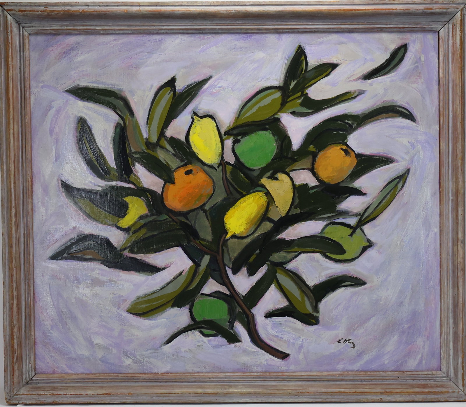 Emlen Pope Etting Jr (1905-1993): Oil on canvas "Citrus Branch", SLR. Modernist composition of colorful fruit against an expressive gray blue background. Provenance: Midtown Galleries, NYC label en verso, Alan B. Gruskim, Director. 30