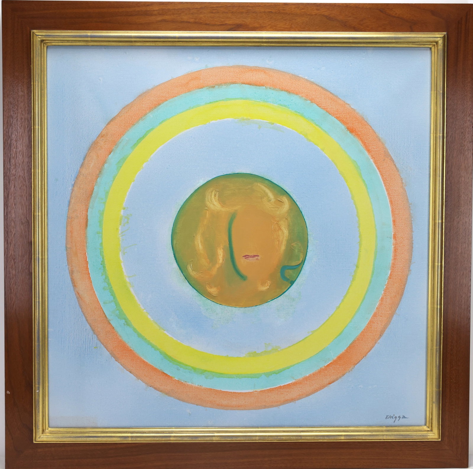 Elsie B (Gatch) Driggs (1898 - 1992): Oil on canvas, "Rain Bow", SLR. Concentric circles filling the canvas with an outline of a woman's head in the center. 27"h x 27"w and 32.5"h x 32.5"w framed