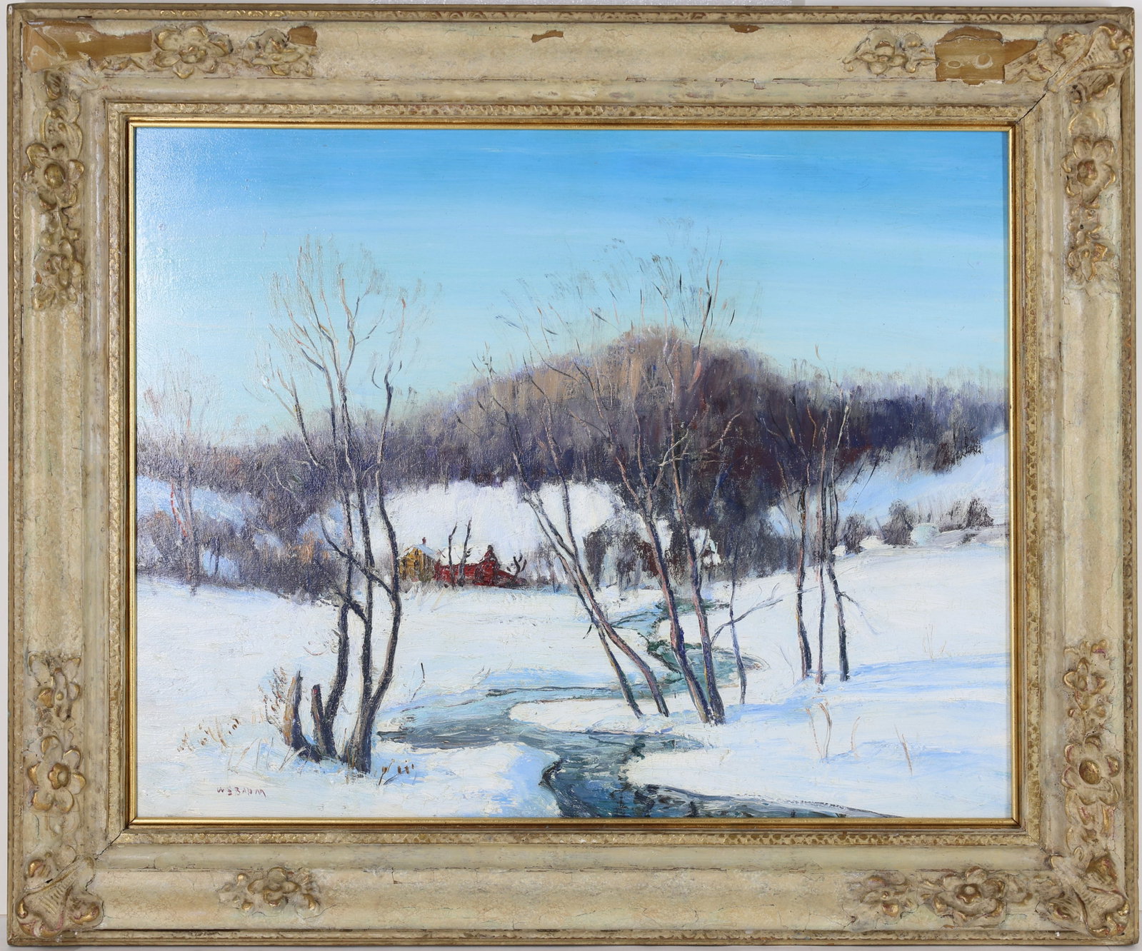 Walter Emerson Baum (1884 - 1956): Oil on board, "Gray Day", SLL. Impressionist winter landscape with winding creek through snowy fields with distant red buildings and hills.16"h x 20"w x 21"h x 25"w framed