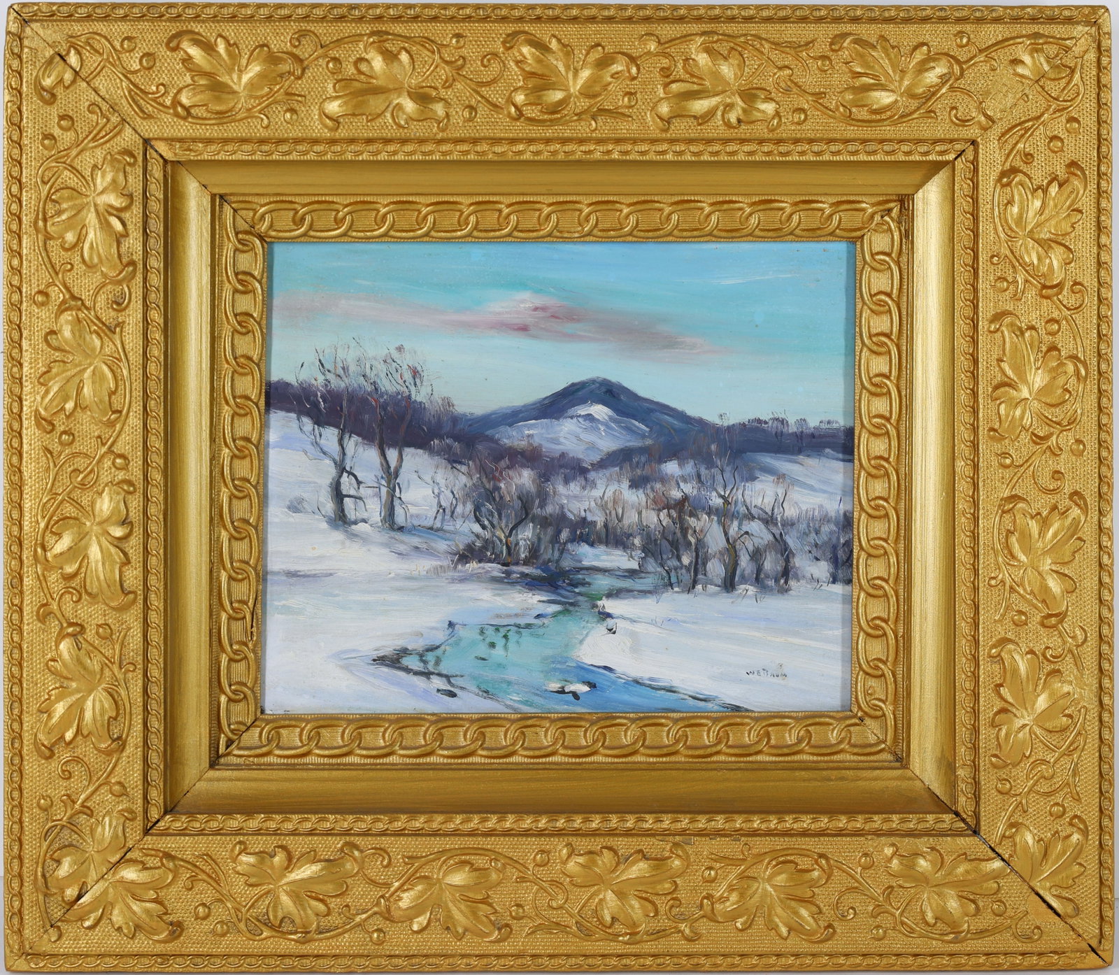 Walter Emerson Baum (1884 - 1956): Oil on board, "Winter", SLR. Impressionist snow covered landscape with frozen pond and distant hills. 8"h x 10"w and 15"h x 17"w framed