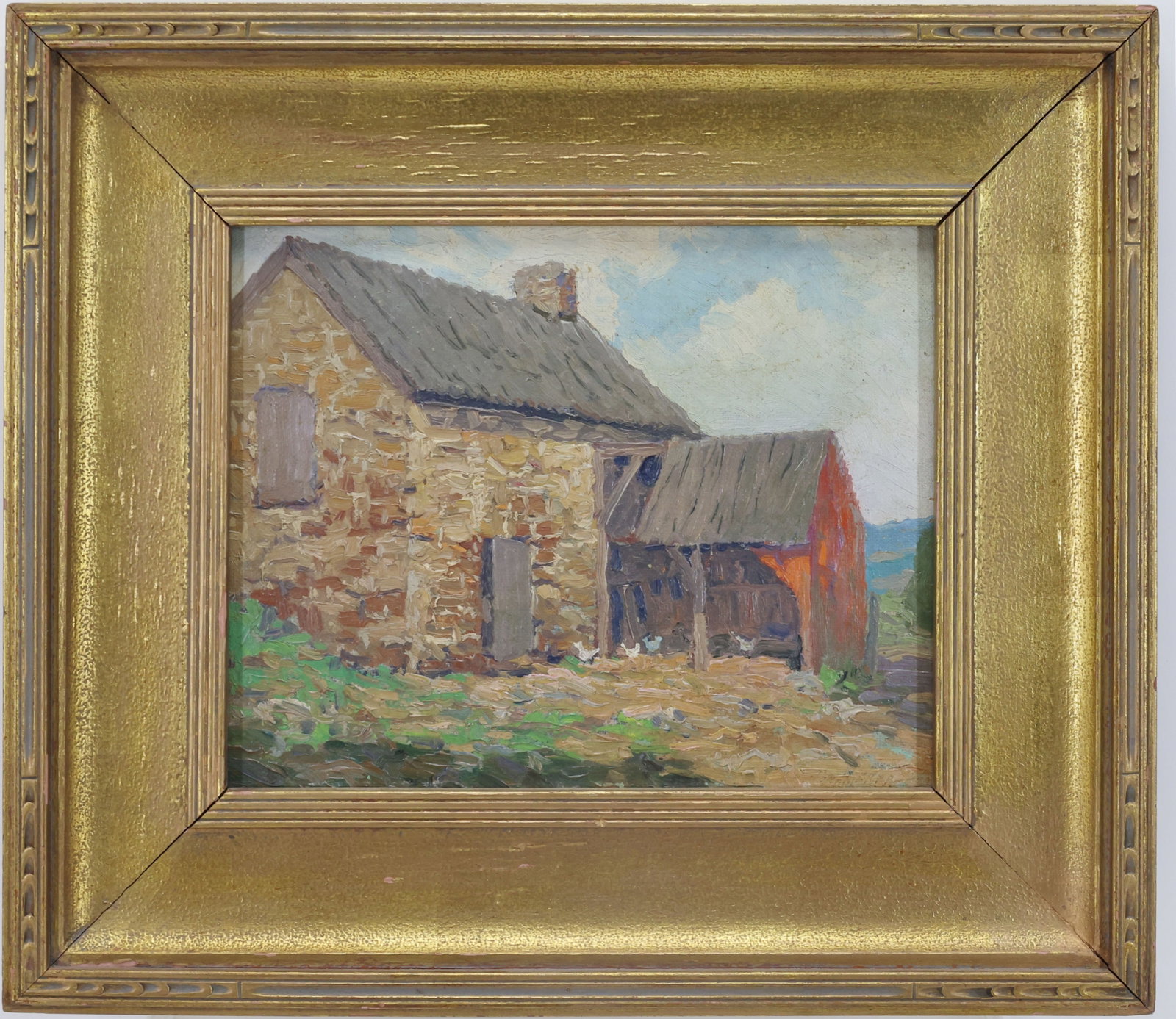 Kenneth R. Nunamaker (1890 - 1957): Oil on board, “Field Stone,” SLR. Impressionist farm scene with stone barn, red outbuilding, and distant hills. 8”h x 10”w and 13.25”h x 15.25”w framed. From the Estate
