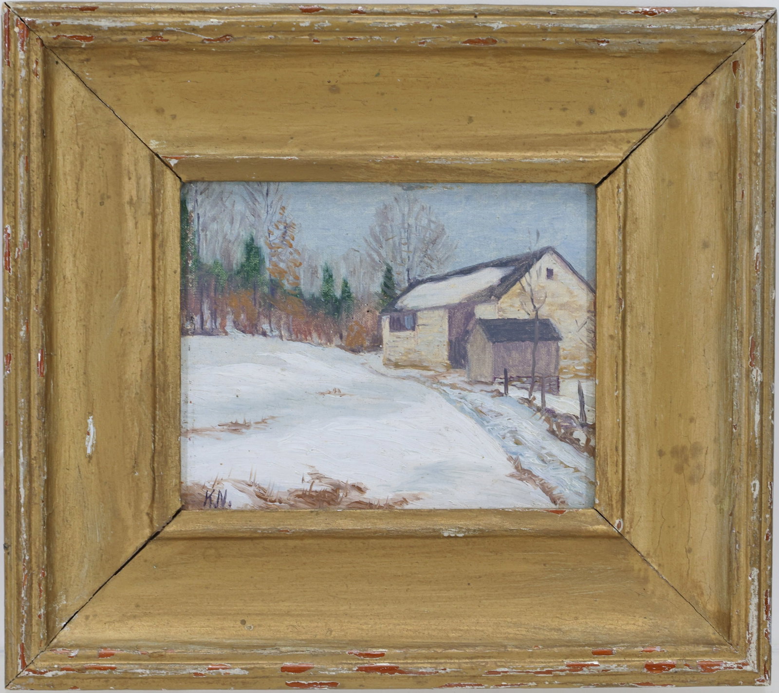 Kenneth R. Nunamaker (1890 - 1957): Oil on board, ILL. Impressionist winter landscape with barn, snow covered field, and trees. Provenance: Freemans Auction. 4”h x 5”w and 7.5”h x 8.5”w framed. From the Estate of