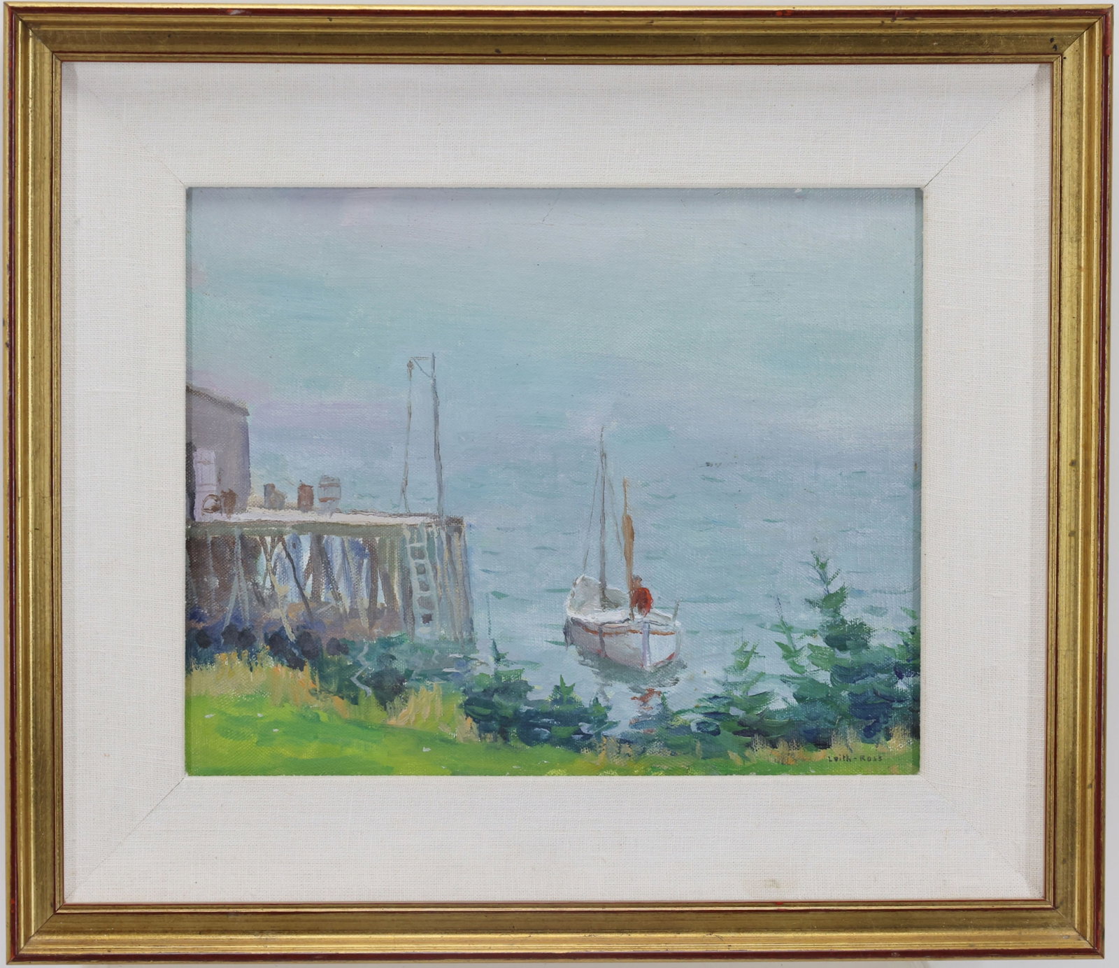 Harry Leith-Ross (1886 - 1973): Oil on board, “Maid of Mist,” SLR. Impressionist coastal harbor scene with dock, moored sailboat, water, and shoreline greenery. 8”h x 10”w and 12.75”h x 14.75”w framed