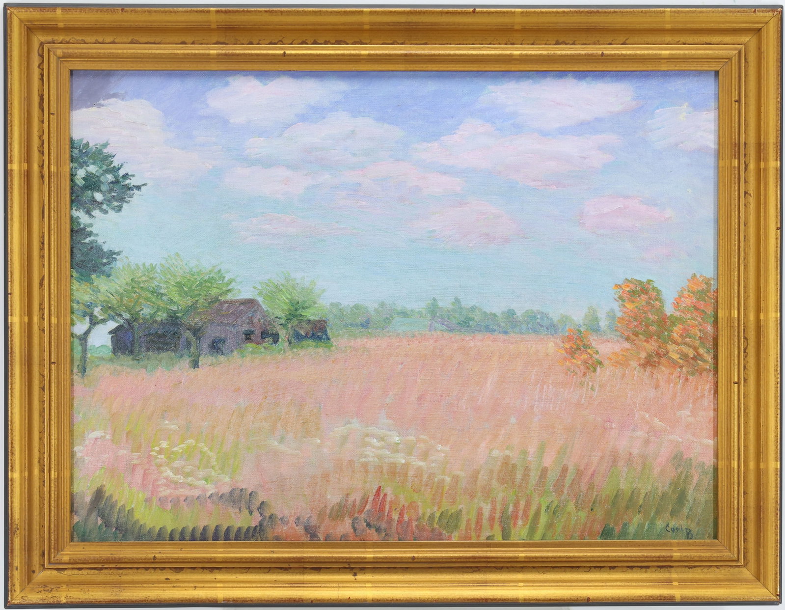 Carl Buergerniss (1877-1956): Oil on canvas, SLR. Impressionist pastoral landscape with field, farm buildings, and trees.16”h x 22”w and 20”h x 26”w framed. From the Estate of George R. Parry, proceeds to b