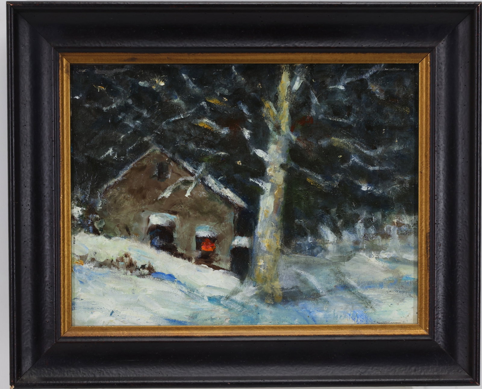 Evelyn Marie Allen Faherty (1919 - 2015): Oil on board, “Winter Night,” SLR. Impressionist winter nocturne with snow covered ground, farmhouse, trees, and candle lit window. 9”h x 12”w and 12”h x 15”w framed. F