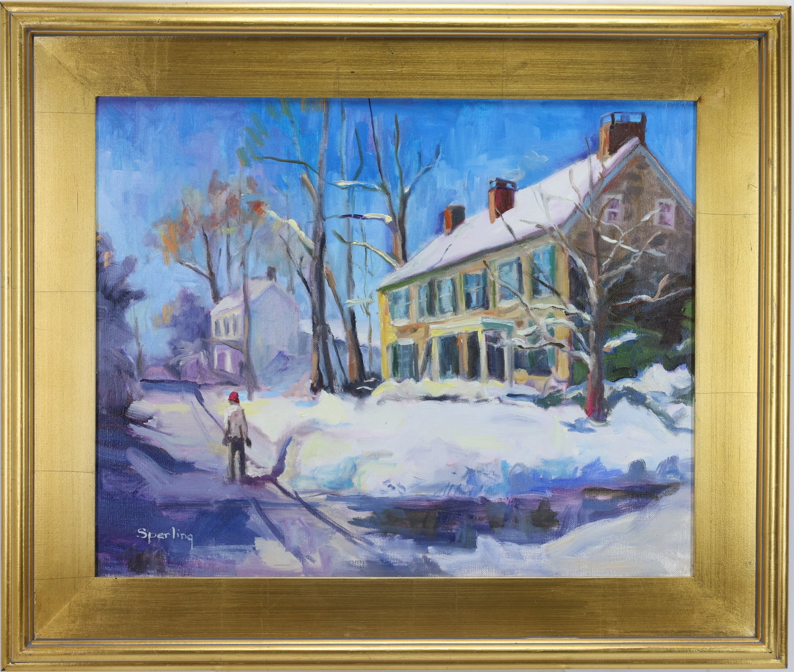 Martha Sperling (20th Century): Oil on canvas, “The Red Hat,” SLL. Impressionist winter village scene with snow covered houses, bare trees, reflective roadway, and figure walking along the street. 16”h x 20”w and