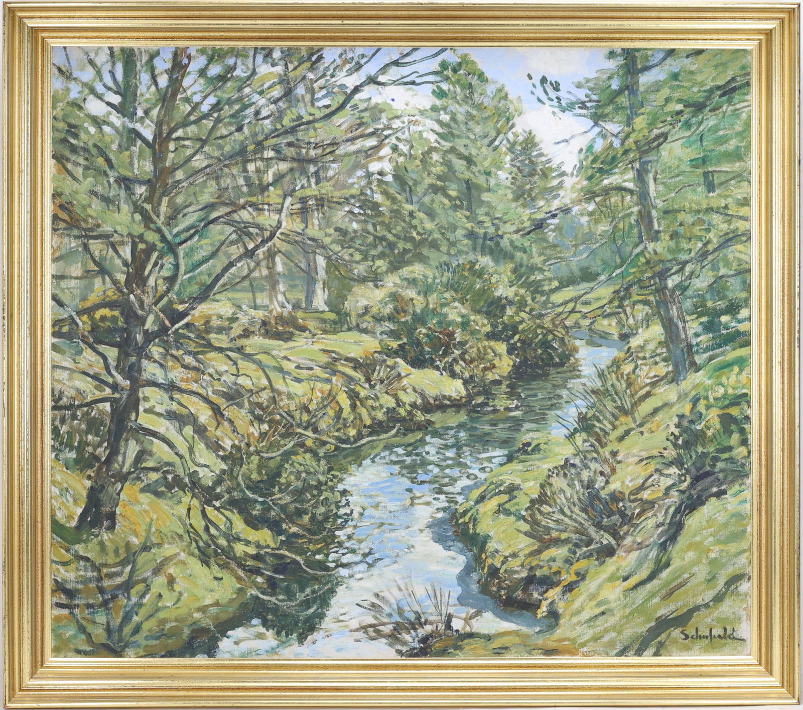 Walter Elmer Schofield (1867 - 1944): Oil on canvas, "Woodland Stream", SLR. Impressionist stream scene with winding creek, grassy banks, and dense foliage. 26"h x 30"w and 29"h x 33"w framed. From the Estate of George R. Parry, proceeds 