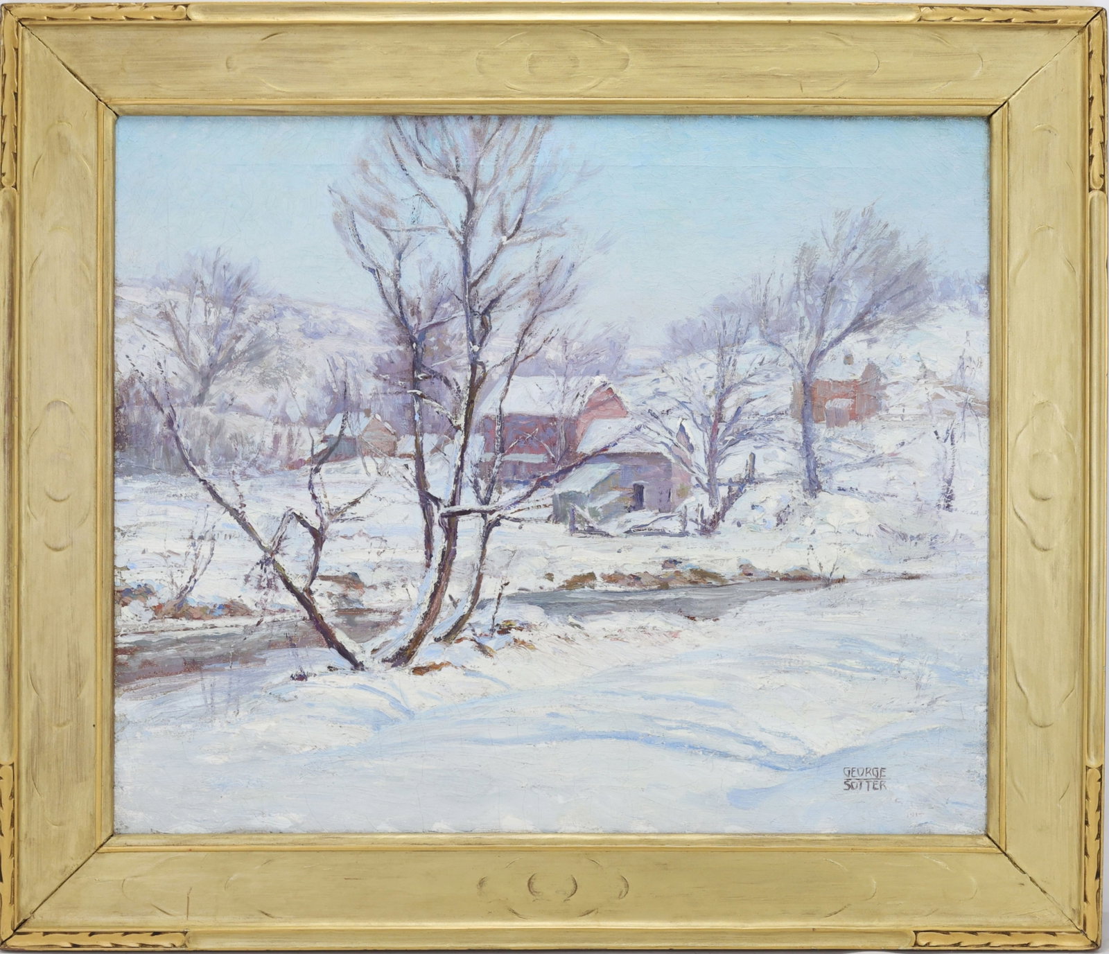 George William Sotter (1879 - 1953) june: Oil on canvas, SLR, Impressionist winter landscape with snow swept hills, bare trees along a winding stream, distant red barns and farmhouse. 22”h x 26”w and 28”h x 32”w framed