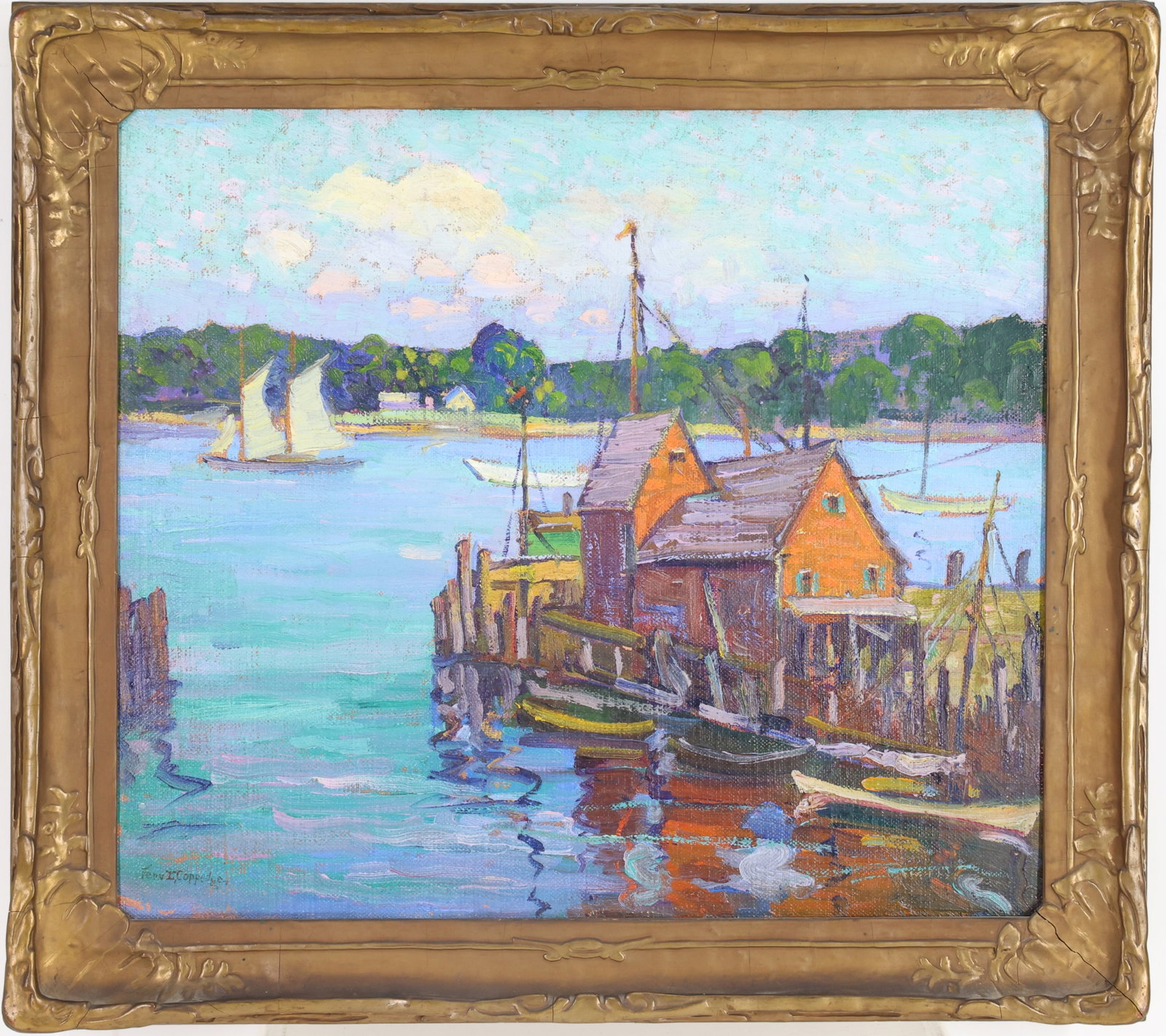 Fern Isabel Kuns Coppedge (1883 - 1951): Oil on board, SLL, “The Summer Sea,” Impressionist harbor scene with waterfront boathouses, docked rowboats, sailboats on calm blue water, and a distant shoreline with trees and cottages.