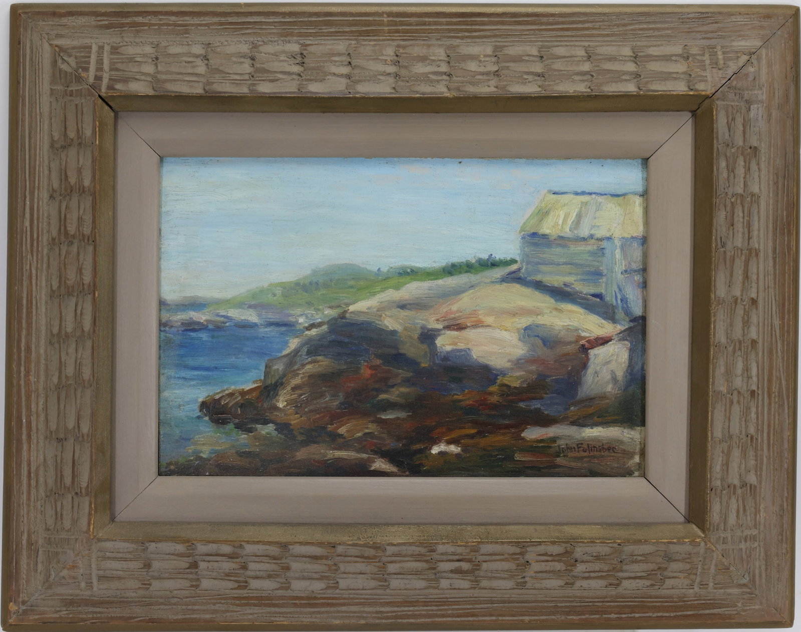 John Fulton Folinsbee (1892 - 1972): Oil on board, SLR. Rocky coastal landscape. 9.25"h x 14"w and 17.5"h x 22.5"w framed. From the Estate of George R. Parry, proceeds to benefit Temple University and Central Bucks School District.