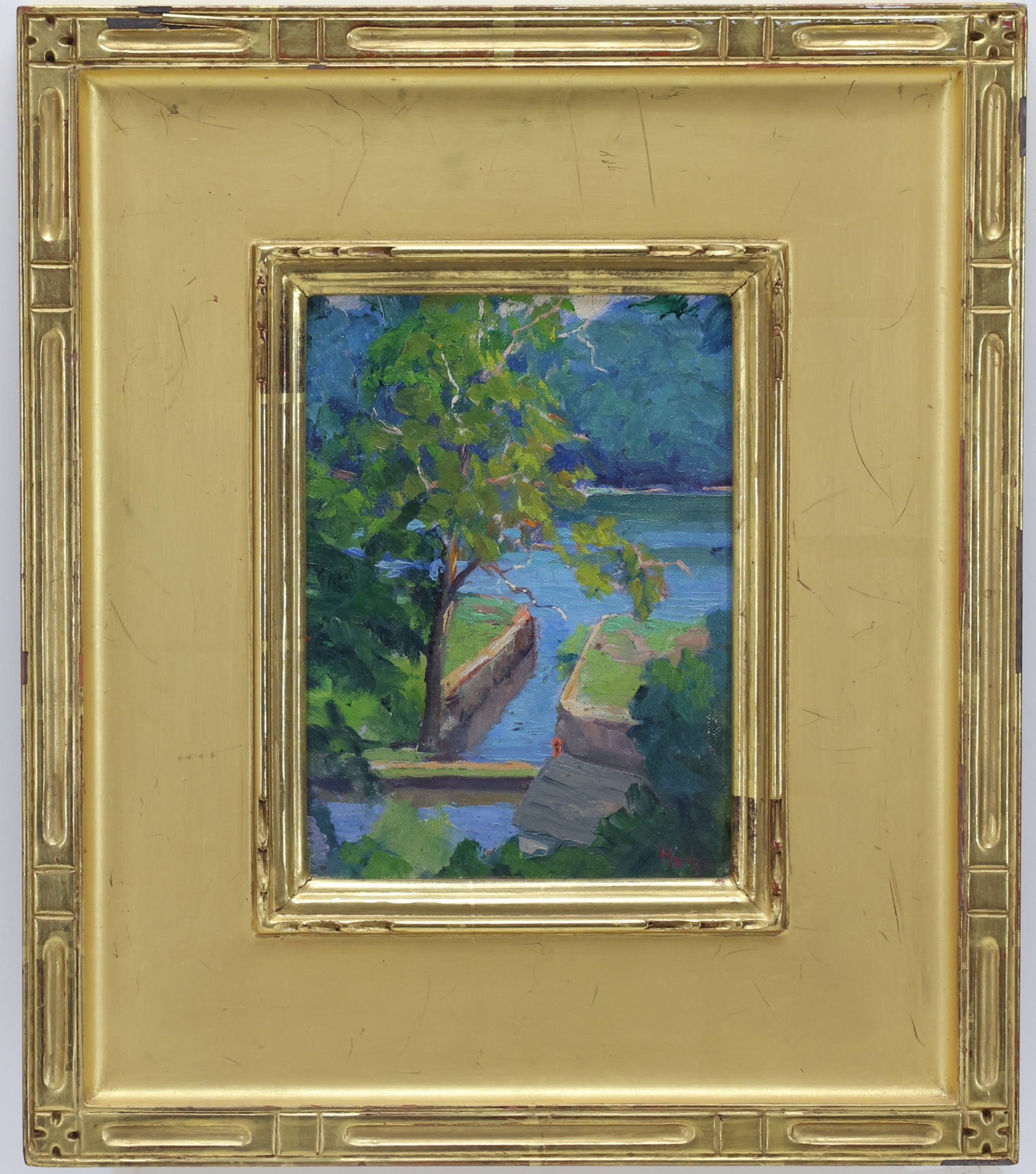 Harry Horn (1901 - 1982): Oil on board, "Canal Race", SLR. Impressionist river landscape with a tree overlooking a canal lock leading into a wider river. 8"h x 6"w and 15"h x 13"w framed