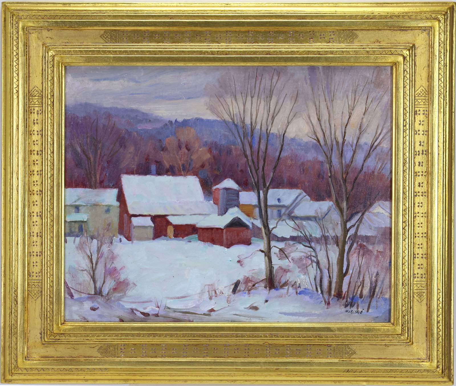 Ben Marcune (1935 - 2018) in David Madary Frame: Oil on board, SLR in carved David Madary (DM) frame. Snowy winter landscape with farmhouse and outbuildings. 12.5"h x 16"w and 18.75"h x 22"w framed