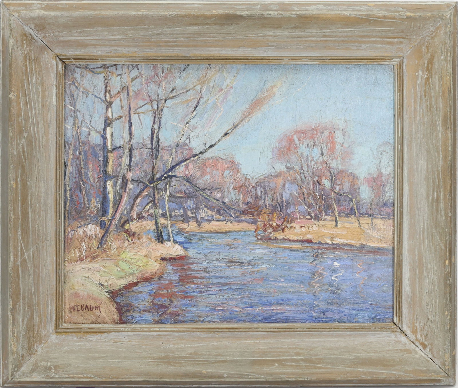 Walter Emerson Baum (1884 - 1956): Oil on board, “Branch Creek,” SLL. Impressionist riverside landscape with winding waterway, bare trees, autumn foliage and grassy banks. 11”h x 14”w and 16”h x 18”w