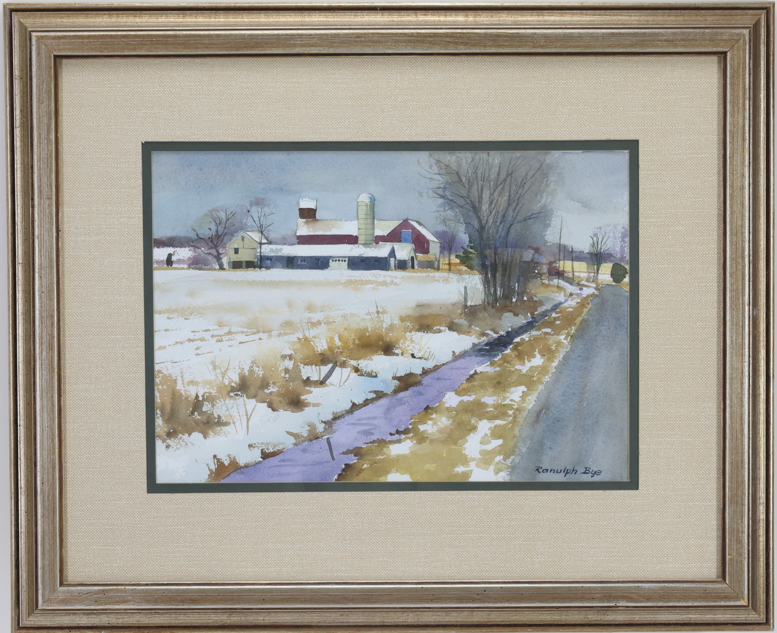 Ranulph Bye (1916-2003): Watercolor, "Potters Lane", SLR. Impressionist winter farm landscape with barn, silo, and snow covered fields along a roadside. 9.5"h x 13.5"w and 18.75"h x 22.75"w framed