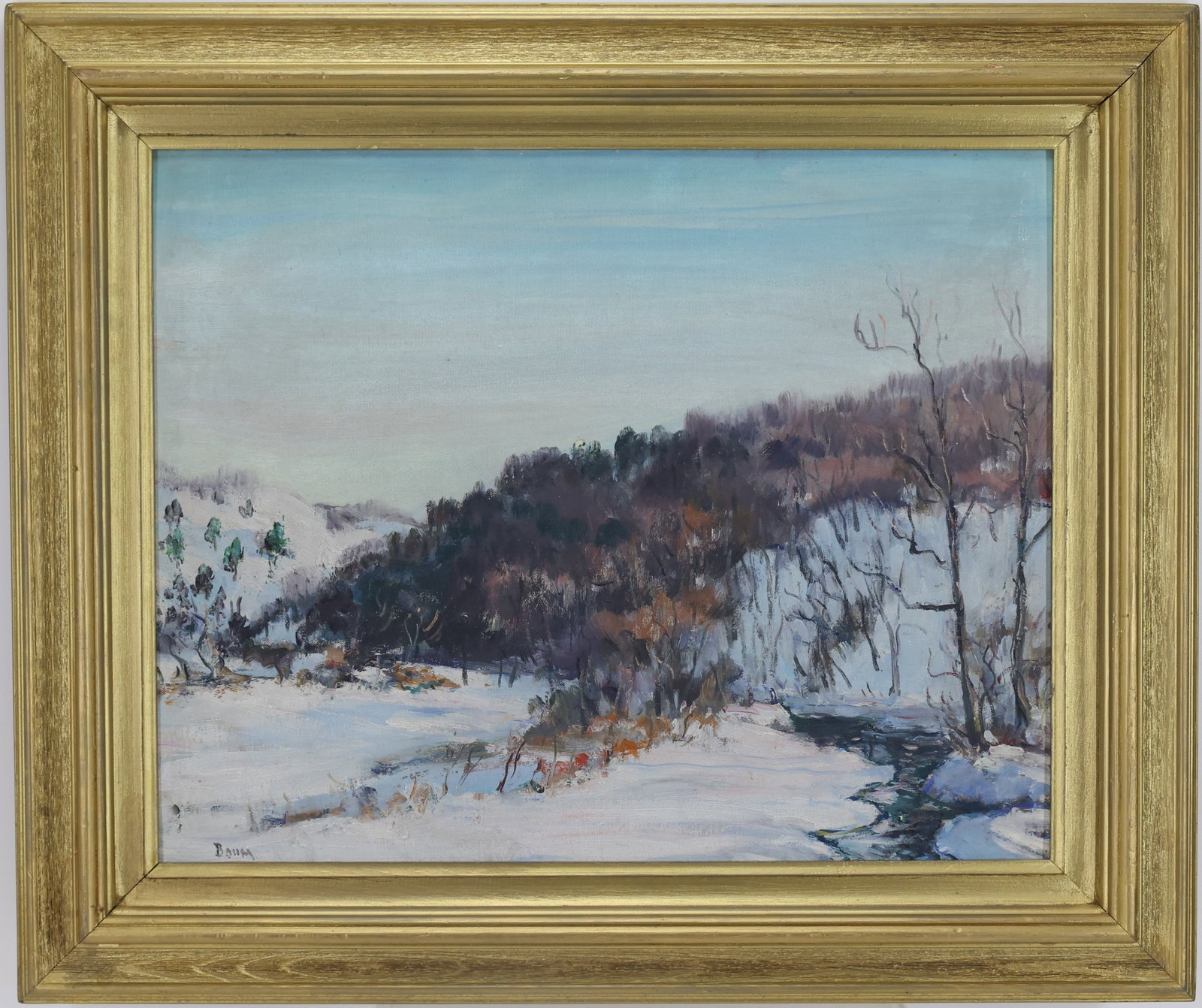 Walter Emerson Baum (1884 - 1956): Oil on board, "Lehigh Hills", SLL. Snowy winter landscape of hills and a meandering stream. 16"h x 20"w and 21.5"h x 25.75"w framed