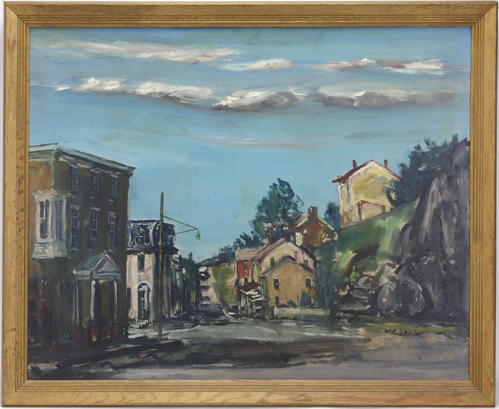 Walter Emerson Baum (1884 - 1956): Oil on board, "Manayunk, Phila, Pa, 1953", SLR. Impressionist suburban landscape of businesses and residences under blue skies. 27"h x 33"w and 24"h x 30"w framed