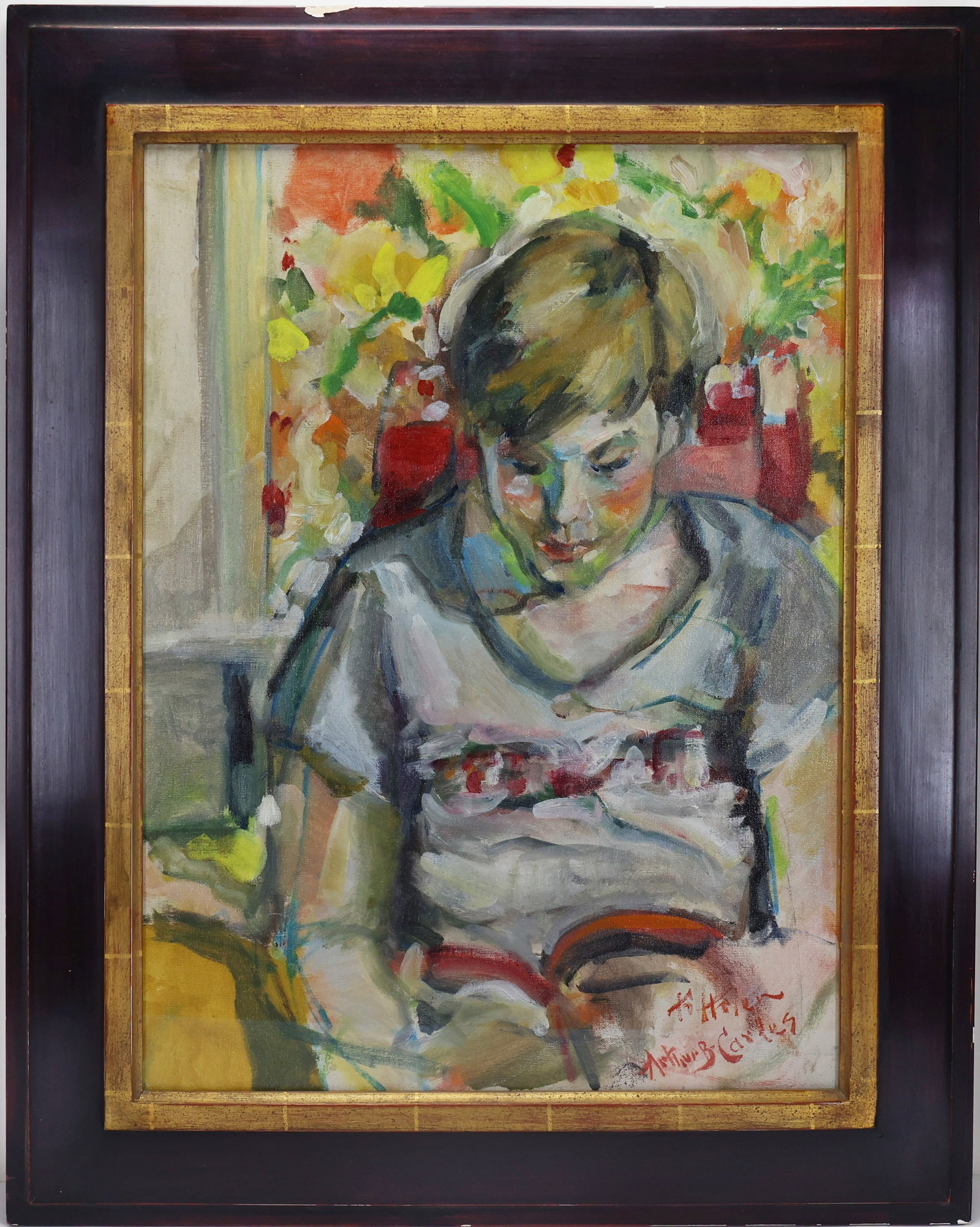 Arthur Beecher Carles Jr (1882 - 1952): Oil on canvas under glass, SLR. Modernist portrait of a child reading. 23"h x 17"w and 30"h x 24"w framed