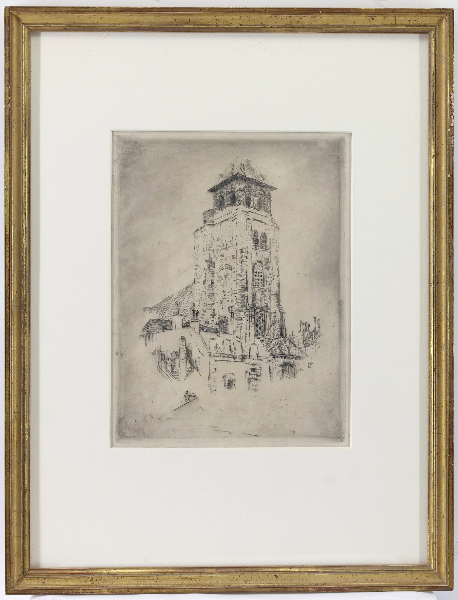 John Marin (1870-1953): Etching, "St. Germaine des Pres, Paris". 9"h x 7"w sight and 17"h x 13"w framed