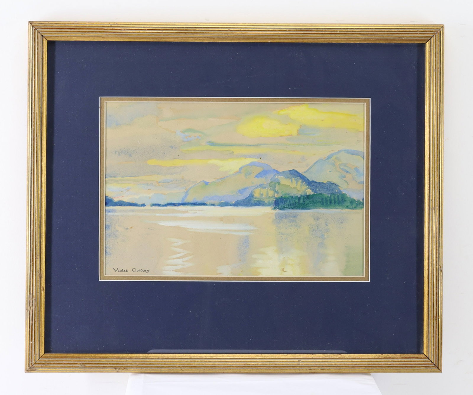 Violet Oakley (1874-1961): Watercolor, "Lake George", SLL. Tonalist mountain lake landscape. 8.25"h x 12.5"w sight and 17"h x 20.25"w framed
