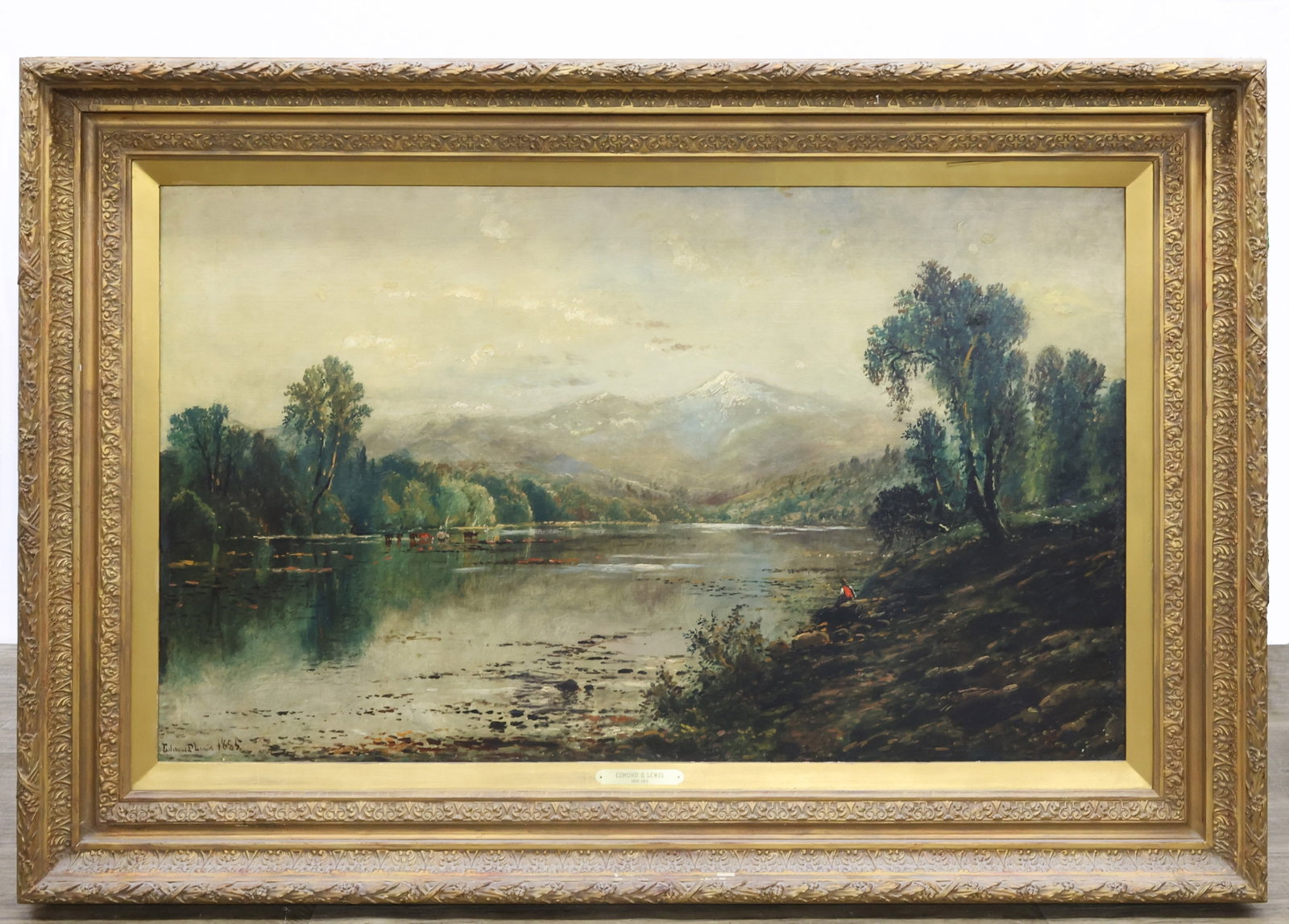 Edmund Darch Lewis (1935-1910): Oil on canvas, SDLL 1885. Mountain landscape with a fisherman on the banks and cows wading across the water. Signs of restoration noted. 30"h x 50"w and 43"h x 62"w