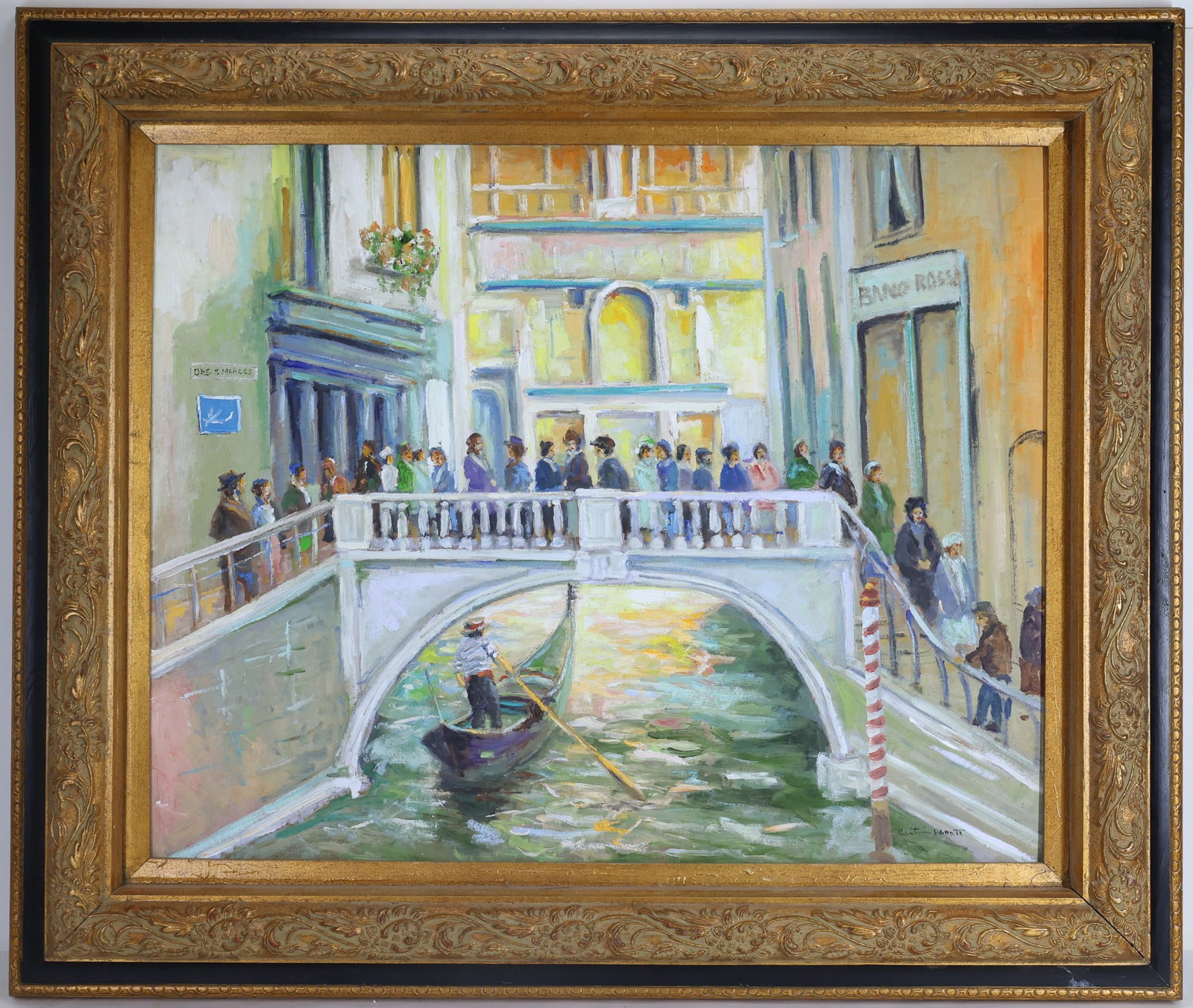 Christopher G. Willett (Born 1959): Oil on board, "Bridge to San Marcos Square, Venice Italy", SLR. Impressionist Venetian canal scene with gondolier and figures crossing arched bridge. 24"h x 30"w and 33"h x 39"w framed