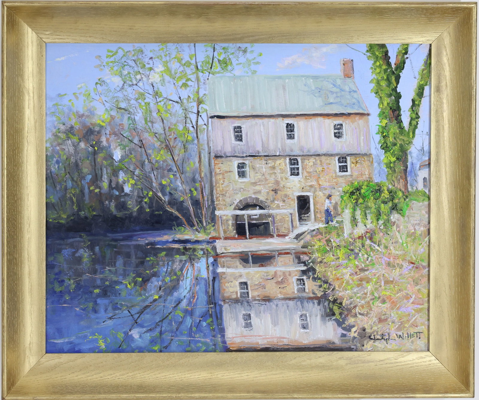 Christopher G. Willett (Born 1959): Oil on board "Newcastle Mill, Doylestown, Pa", SLR. Impressionist river landscape with stone mill and reflection. 16"h x 20"w and 19.5"h x 23.5"w framed