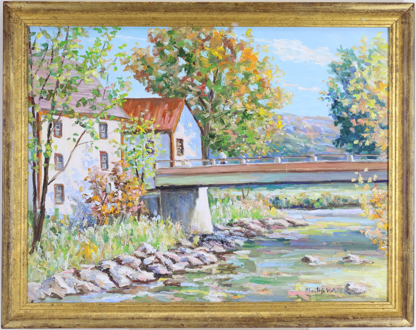 Christopher G. Willett (Born 1959) collectors: Oil on board, "Morning, Carversville Pa, Bucks County Pa", SLR. Impressionist river landscape with bridge and mill house. 18"h x 24"w and 21.5"h x 26.5"w framed