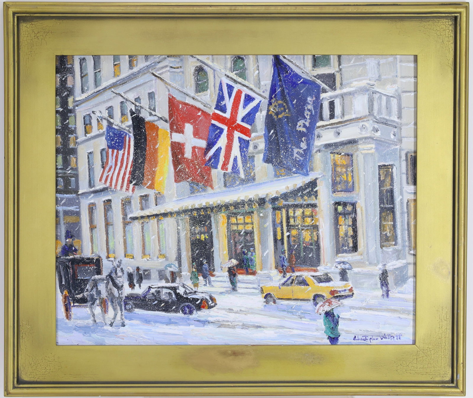 Christopher G. Willett (Born 1959): Oil on board, "Checking in at the Plaza Hotel, New York city", SLR. Impressionist winter street scene with horse-drawn carriage and flags. 16"h x 20"w and 21.25"h x 25.5"w framed