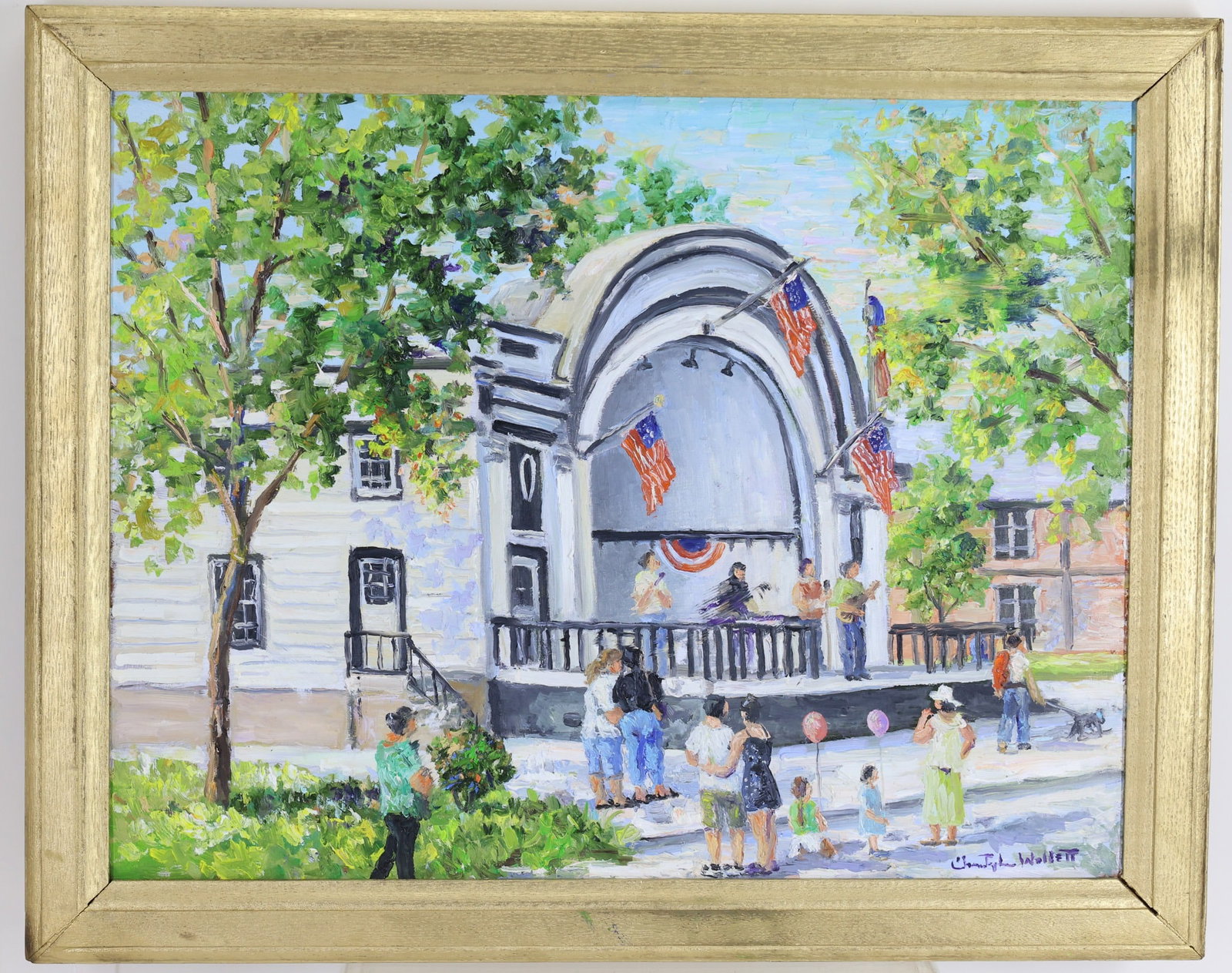Christopher G. Willett (Born 1959): Oil on board, "Fourth of July, Bandshell, Allentown, Pa", SLR. Impressionist town square scene with bandstand and spectators. 15.75"h x 20"w and 18.5"h x 23"w framed