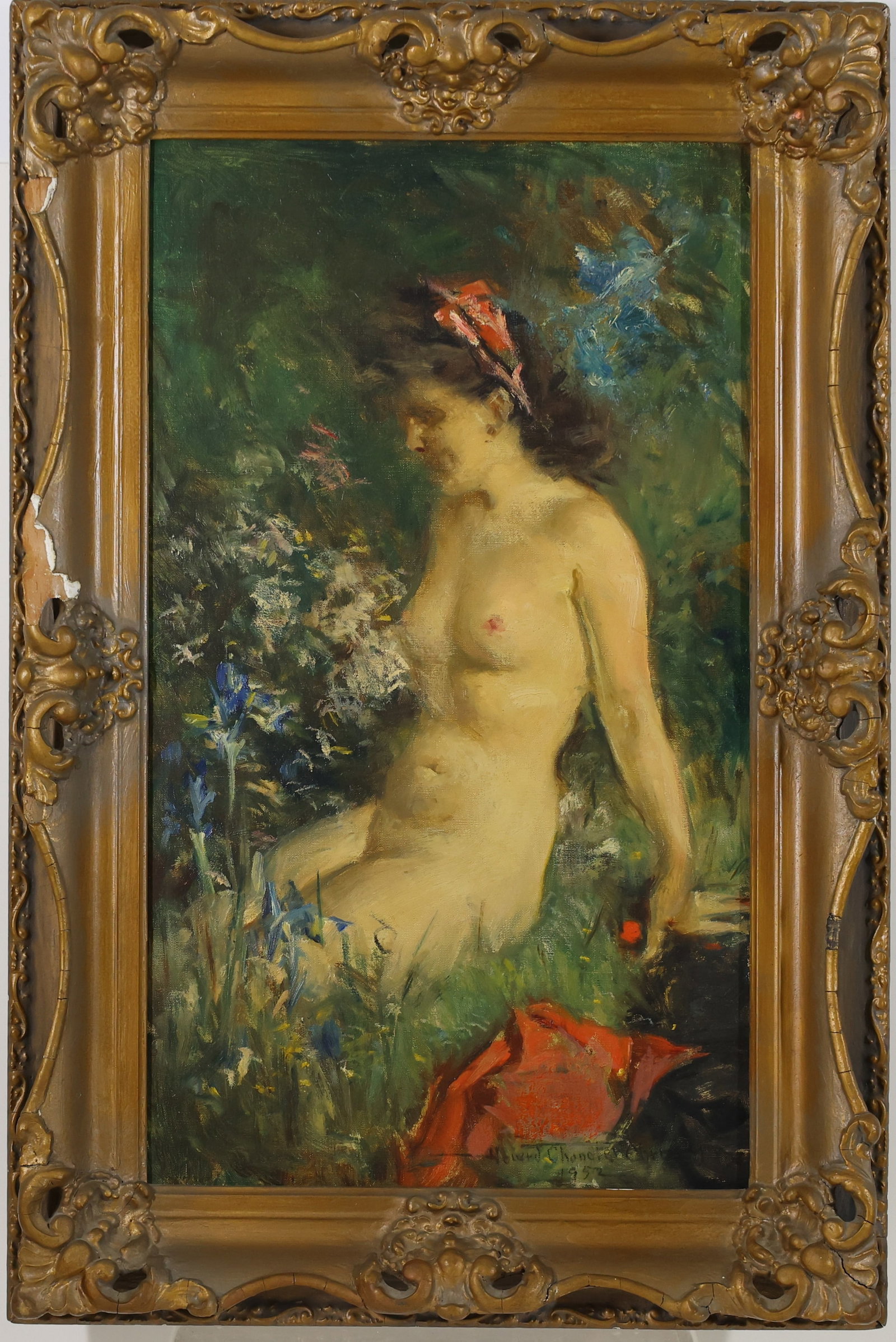 Howard Chandler Christy (1872 - 1952): Oil on canvas, SDLR 1952, Impressionist female nude in garden setting. Used as the cover image for the April 1952 Lambs Gambol program. 24"h x 14"w and 29.75"h x 19.75"