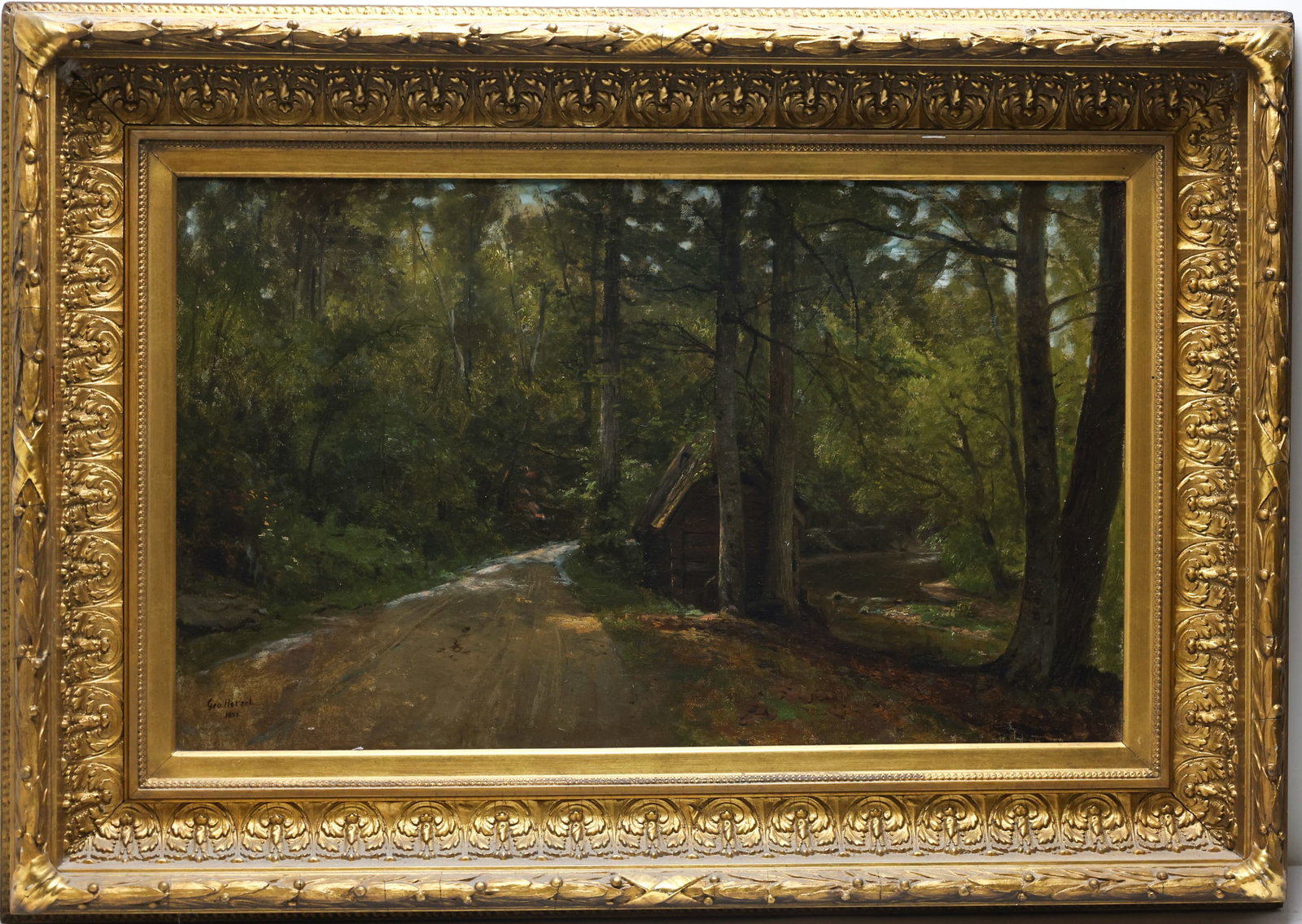 George T Hetzel (1846 - 1912): Oil on canvas, SDLL 1877. Realist wooded road landscape with stream and cabin. 14"h x 23"w and 22"h x 30"w framed