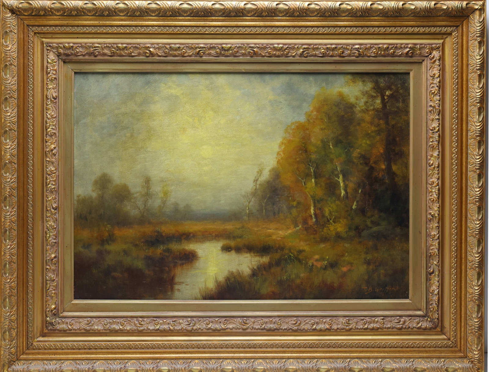 Thomas Griffin (1858 - 1918): Oil on canvas, SLR. Tonalist autumn marsh landscape with stream and trees. 16"h x 24"w and 25.5"h x 33.5"w framed