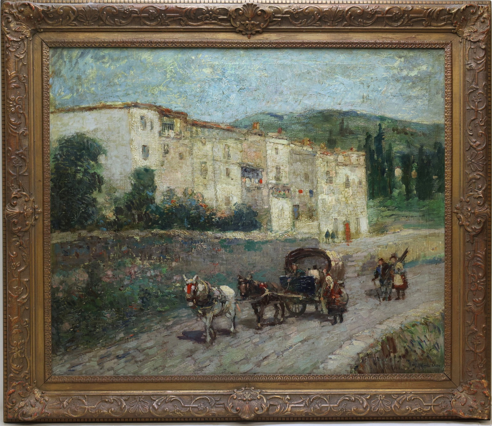 Paul Bernard King (1867 - 1947): Oil on canvas, SLR. Impressionist European village street scene with horse drawn carriage and figures. 25"h x 30"w and 31.5"h x 36.5"w framed