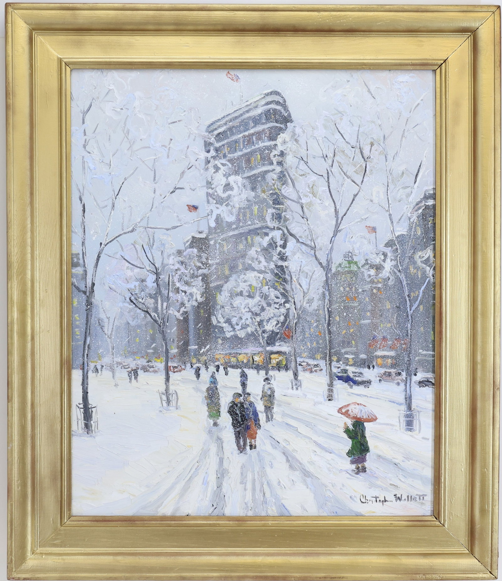 Christopher G. Willett (Born 1959): Oil on board, "The Blizzard - The Flat Iron Building, New York City", SLR. Impressionist winter cityscape with snow swept park and pedestrians. 22.5"h x 18"w and 27.5"h x 23.75"w framed