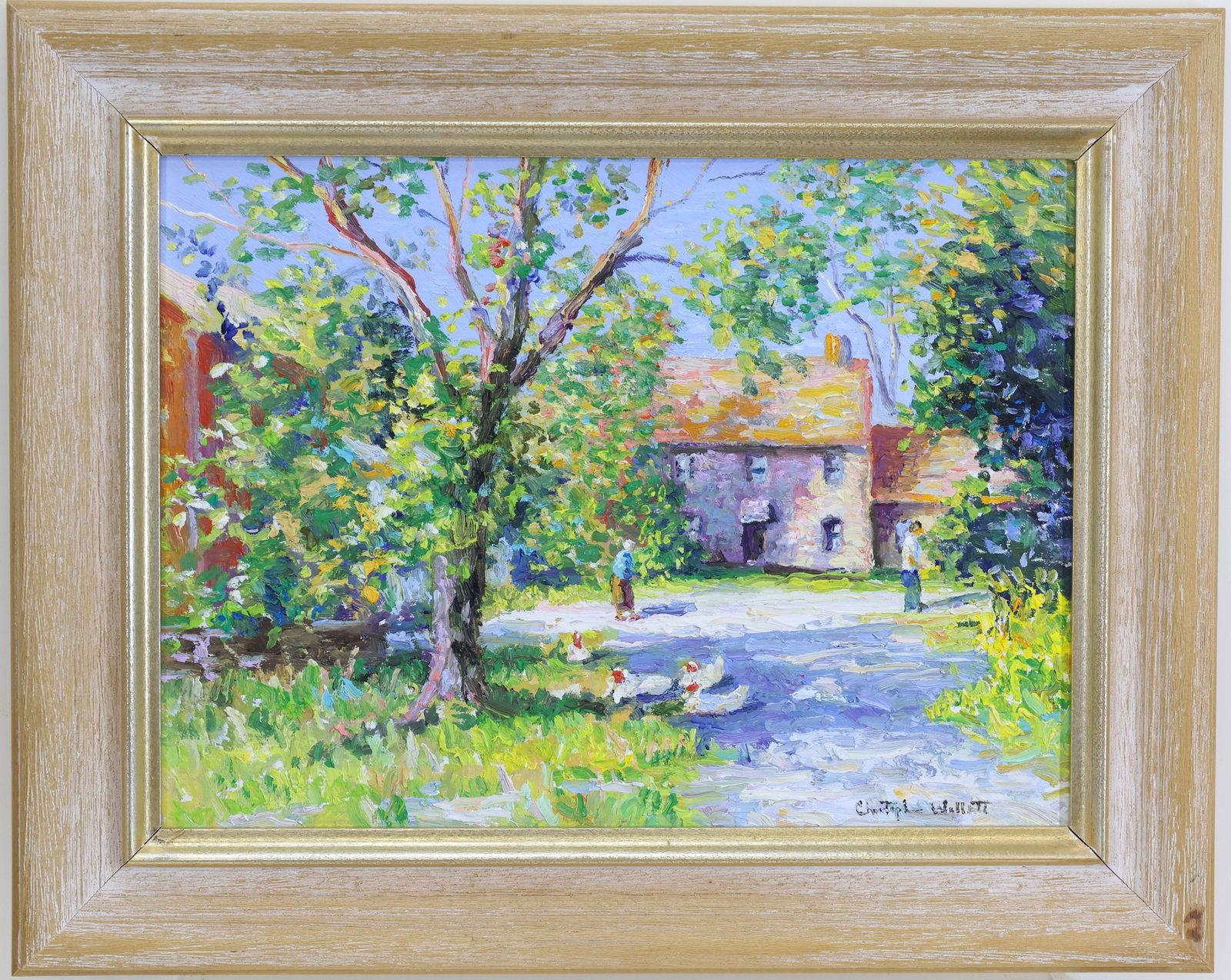 Christopher G. Willett (Born 1959): Oil on board, "River Road, New Hope Pa, Bucks County, Pa", SLR. Impressionist summer landscape with farmhouse and figures 8.5"h x 11"w and 10.5"h x 13"w framed