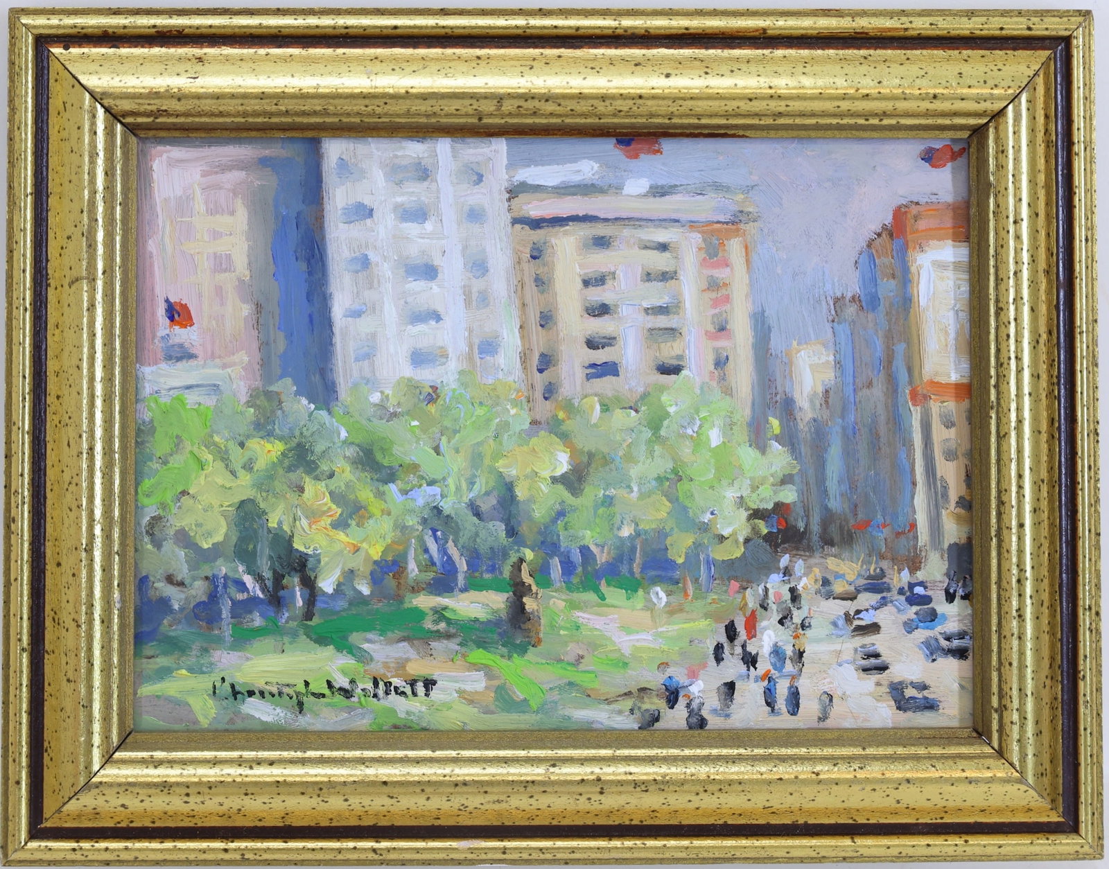 Christopher G. Willett (Born 1959): Oil on board, "Early Morning, Park Avenue, New York City", SLL. Impressionist city park scene with figures and skyscrapers. 5"h x 7"w and 6.5"h x 8.5"w framed