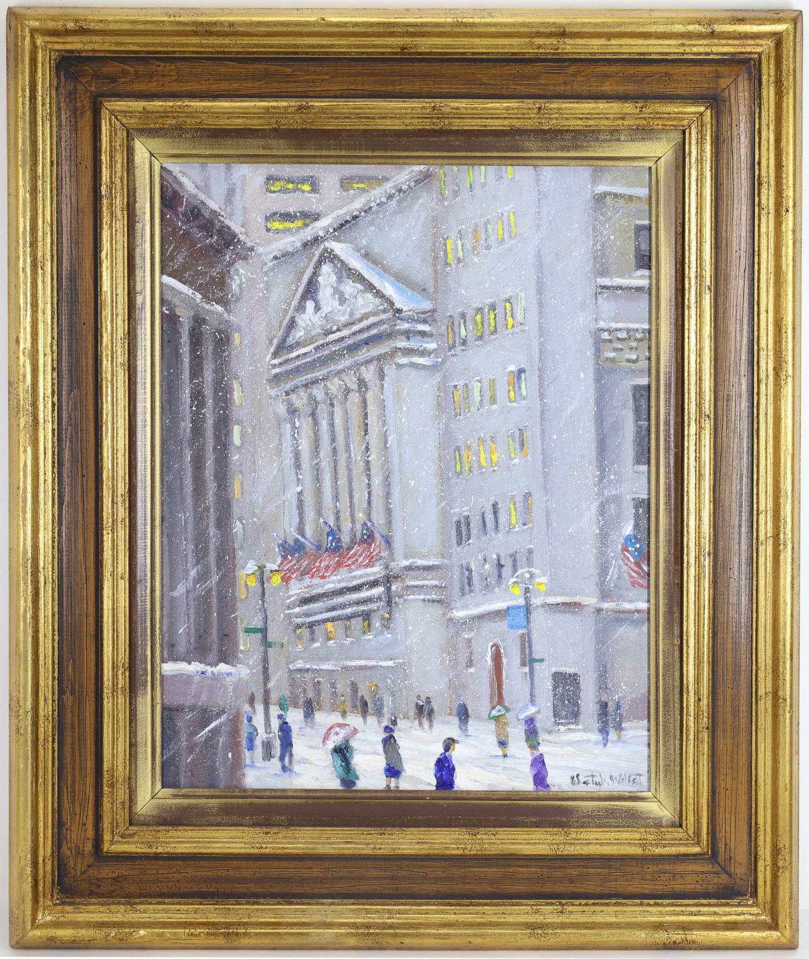 Christopher G. Willett (Born 1959): Oil on board "Wall Street- New York Stock Exchange, New York City", SLR. Impressionist winter Wall Street scene with New York Stock Exchange and figures. 20"h x 16"w and 29"h x 25"w framed