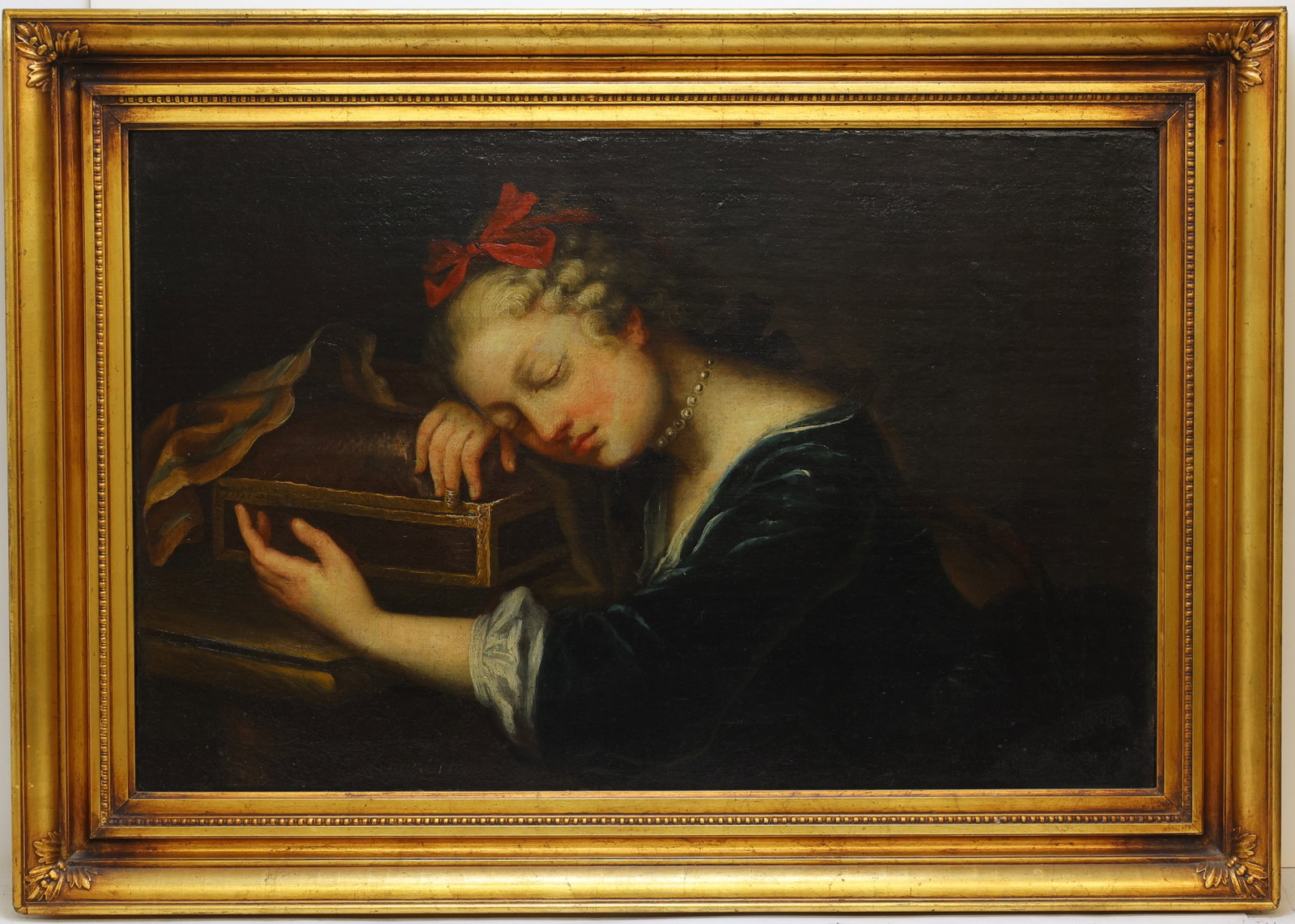 Attr. Violante Beatrice Siries (1709 - 1783): Oil on board, SLL. Old Master style genre scene of a sleeping girl. 19.5"h x 29.5"w and 26"h x 36.5"w framed