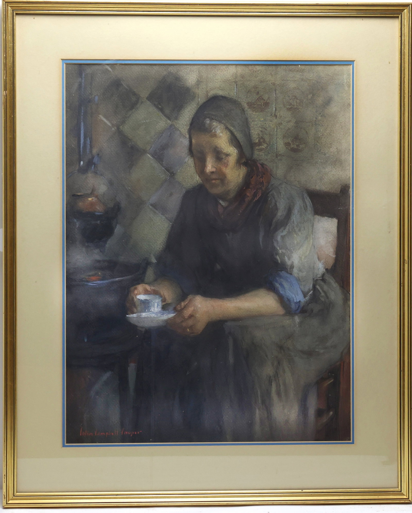 Colin Campbell Cooper (1856 - 1937): Watercolor, SLL. Impressionist interior with a seated woman holding a teacup. 22.5"h x 17"w and 31"h x 25"w framed