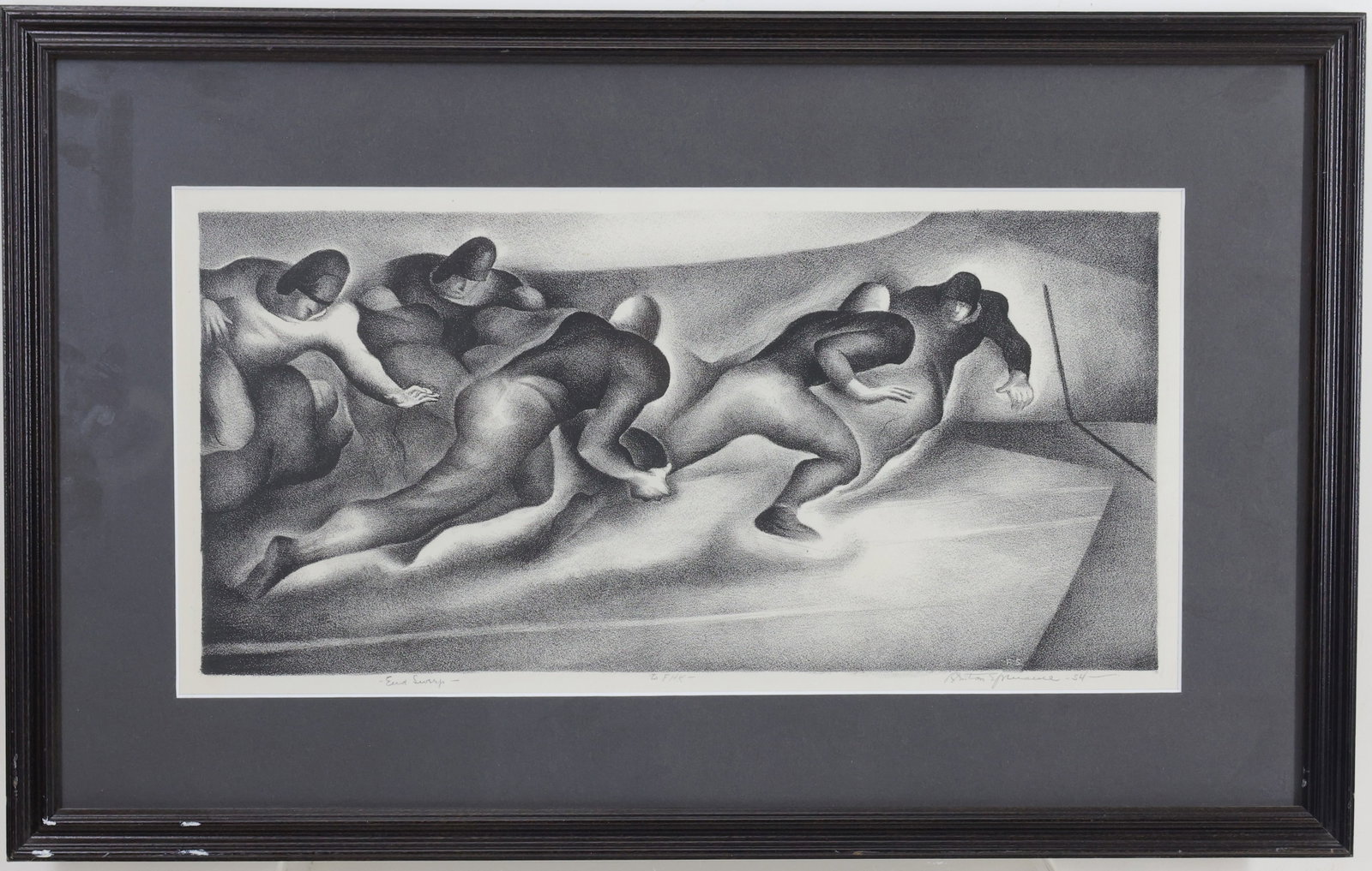 Benton Spruance (1904 -1967): Lithograph, "End Sweep", signed and titled in pencil Benton Spruance. Modernist sports scene with stylized football players. 7.5"h x 15"w sight and 12.5"h x 20"w framed