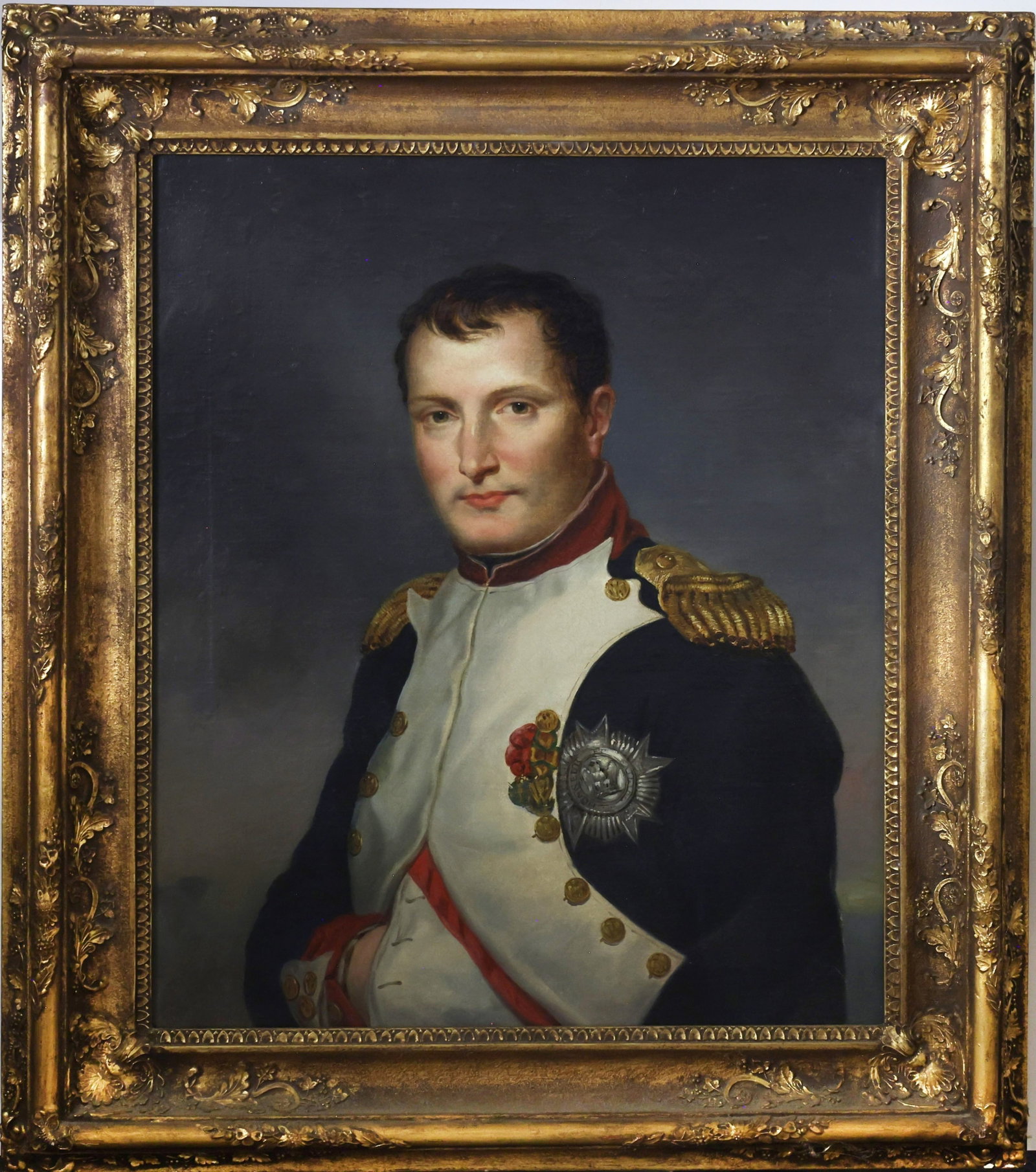 Oil on Canvas: Oil on canvas, Neoclassical portrait of Napoleon Bonaparte in uniform with decorations. Relined. 30"h x 25"w and 39"h x 32"w framed