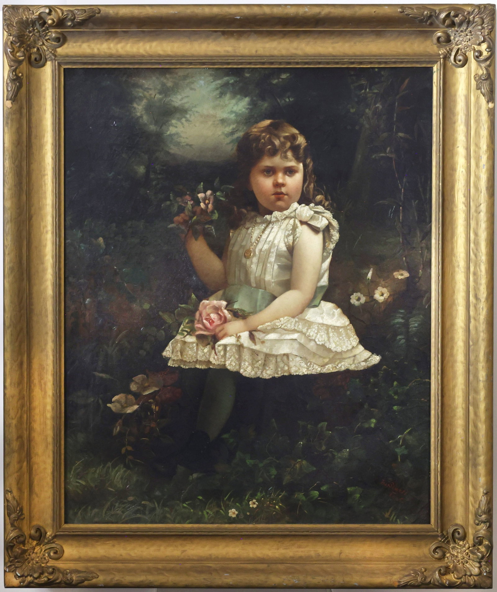 Victorian Oil on Canvas: Oil on canvas, unsigned. Victorian portrait of a young girl. 30"h x 25"w and 38"h x 32"w framed