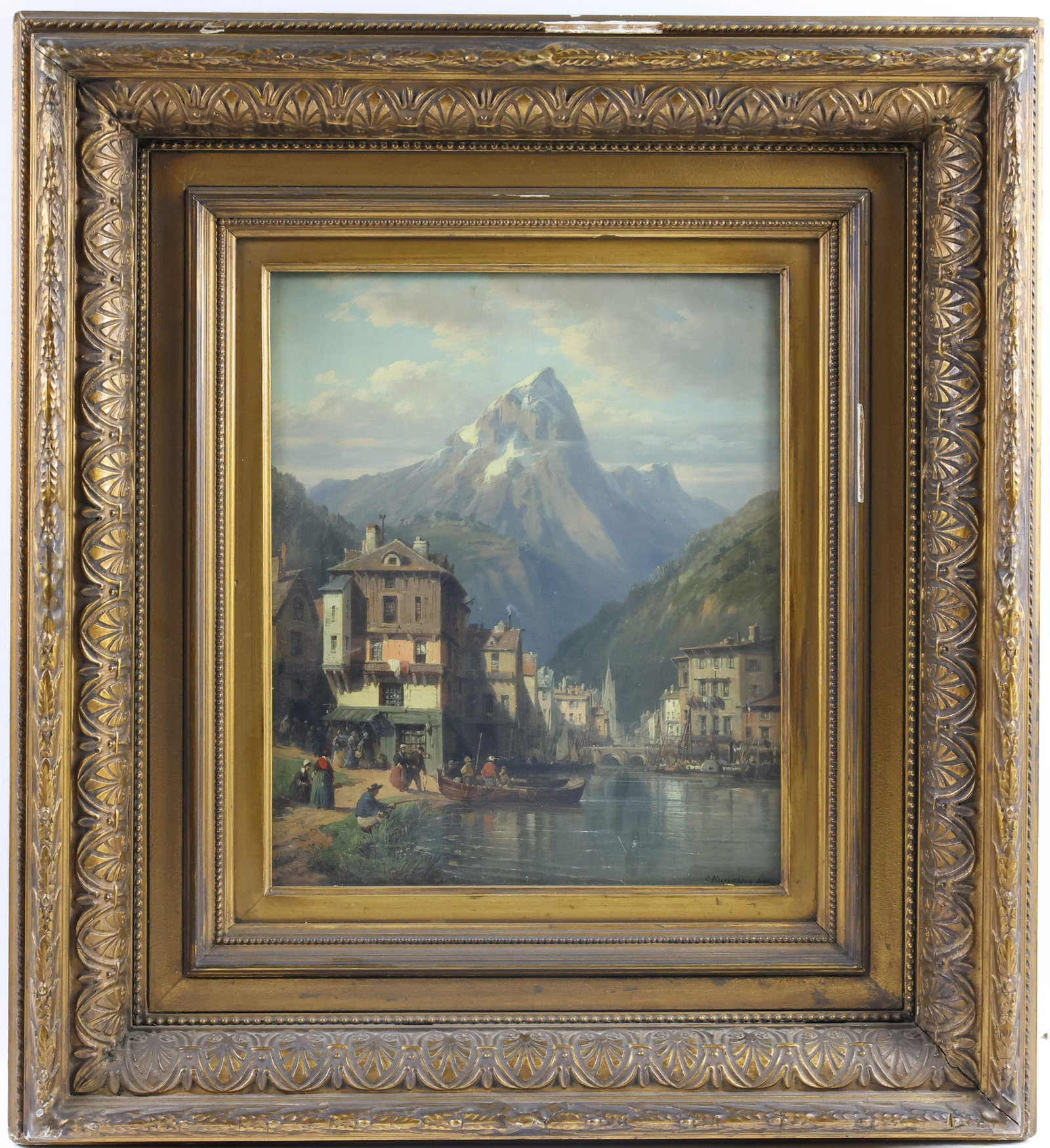 Charles Euphrasie Kuwasseg (1833-1904): Oil on canvas, SLR. Romantic village canal scene with figures, boats, and mountains in the distance. 12"h x 10"w and 21.5"h x 19.5"w framed